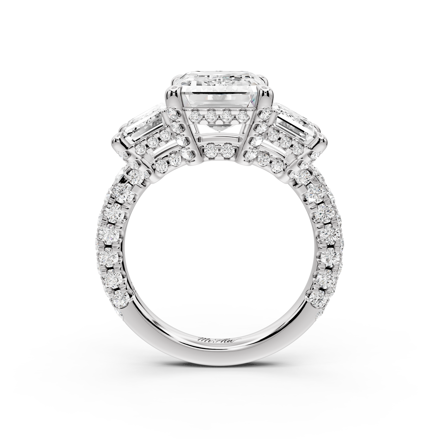 Neta - 4ct platinum Emerald Hidden Halo Three-Stone Engagement Ring with Pavé Band