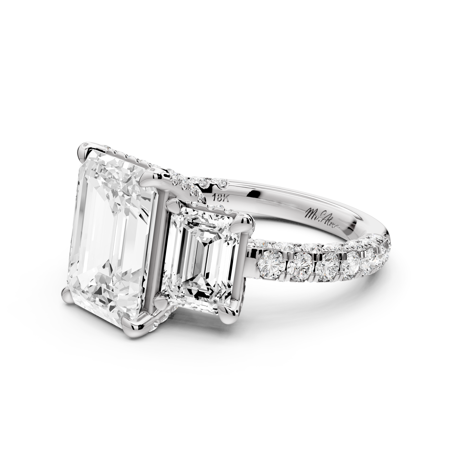 Neta - 4ct platinum Emerald Hidden Halo Three-Stone Engagement Ring with Pavé Band