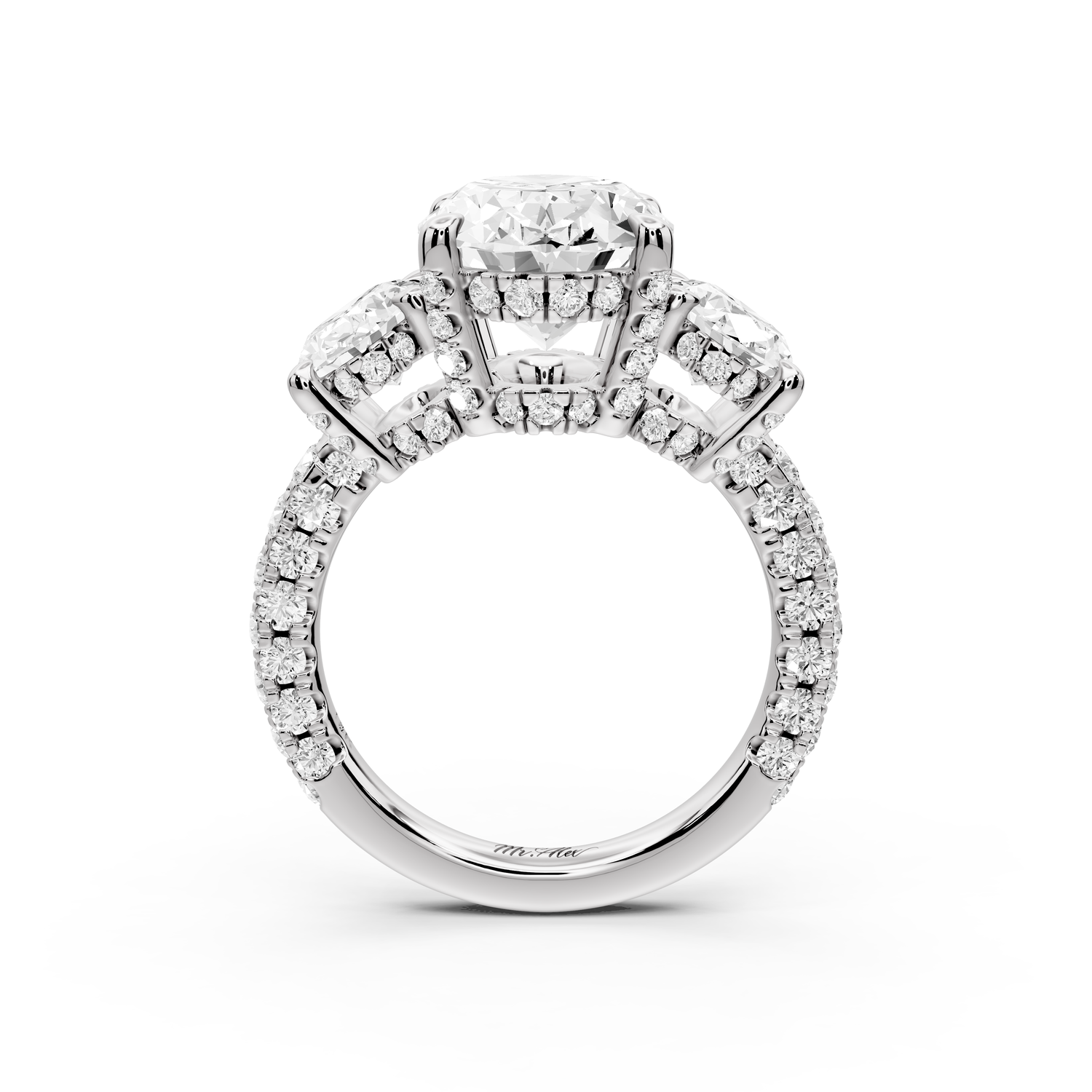 Neta - 4ct platinum Oval Hidden Halo Three-Stone Engagement Ring with Pavé Band
