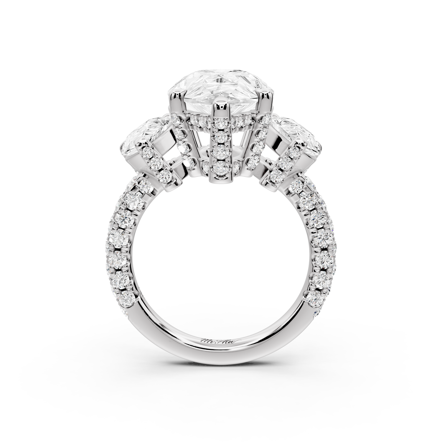 Neta - 4ct platinum Pear Hidden Halo Three-Stone Engagement Ring with Pavé Band