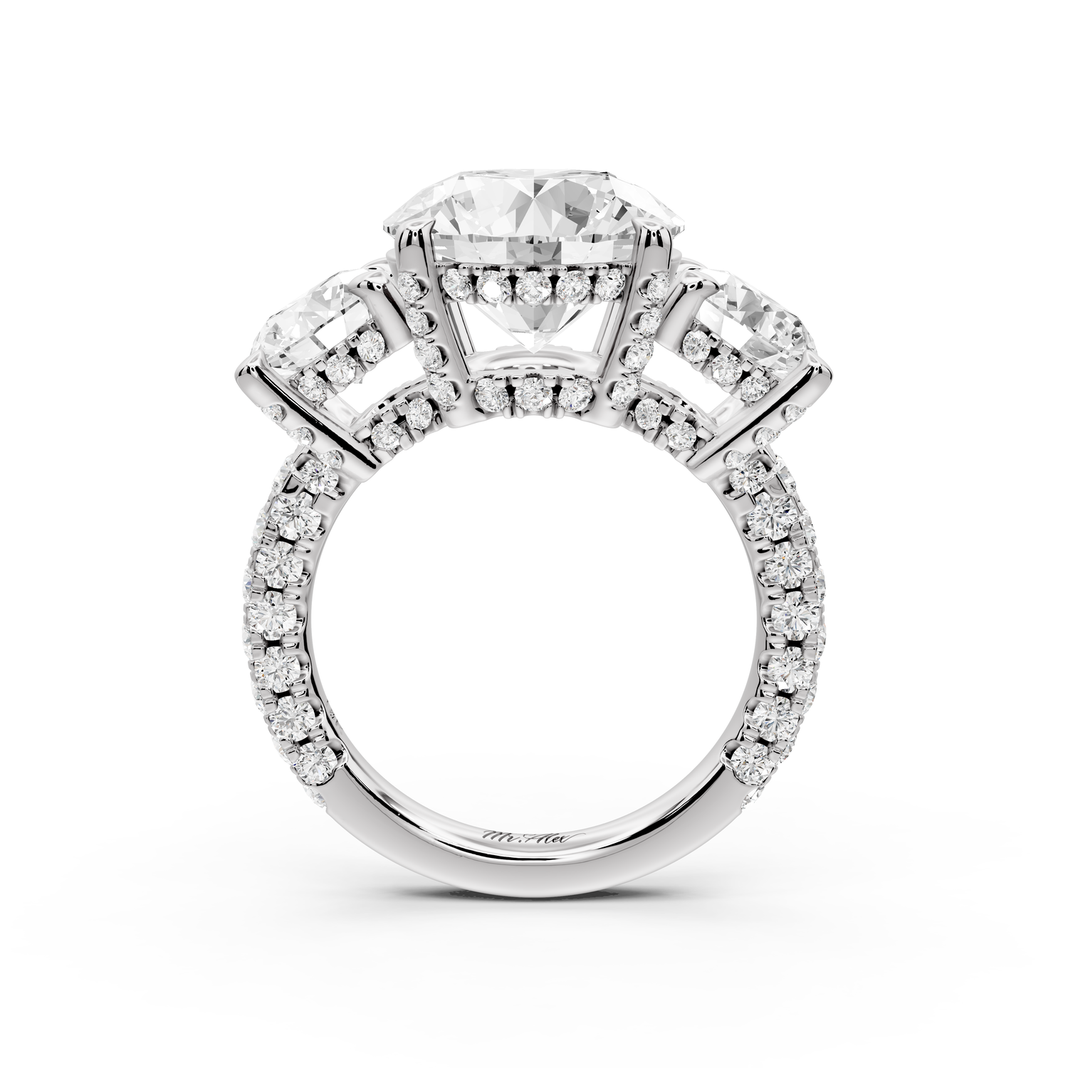 Neta - 4ct platinum Round Hidden Halo Three-Stone Engagement Ring with Pavé Band