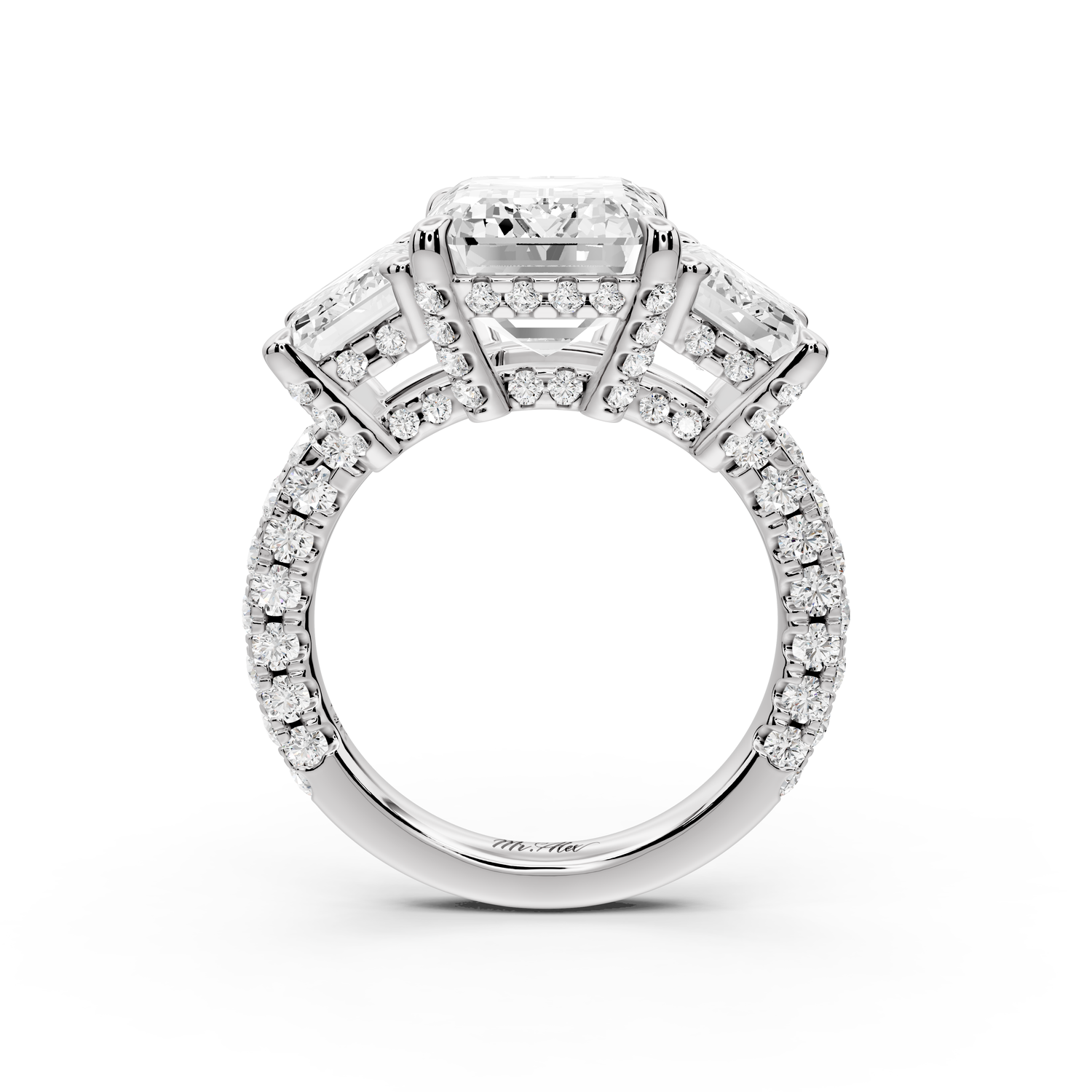 Neta - 5ct platinum Emerald Hidden Halo Three-Stone Engagement Ring with Pavé Band