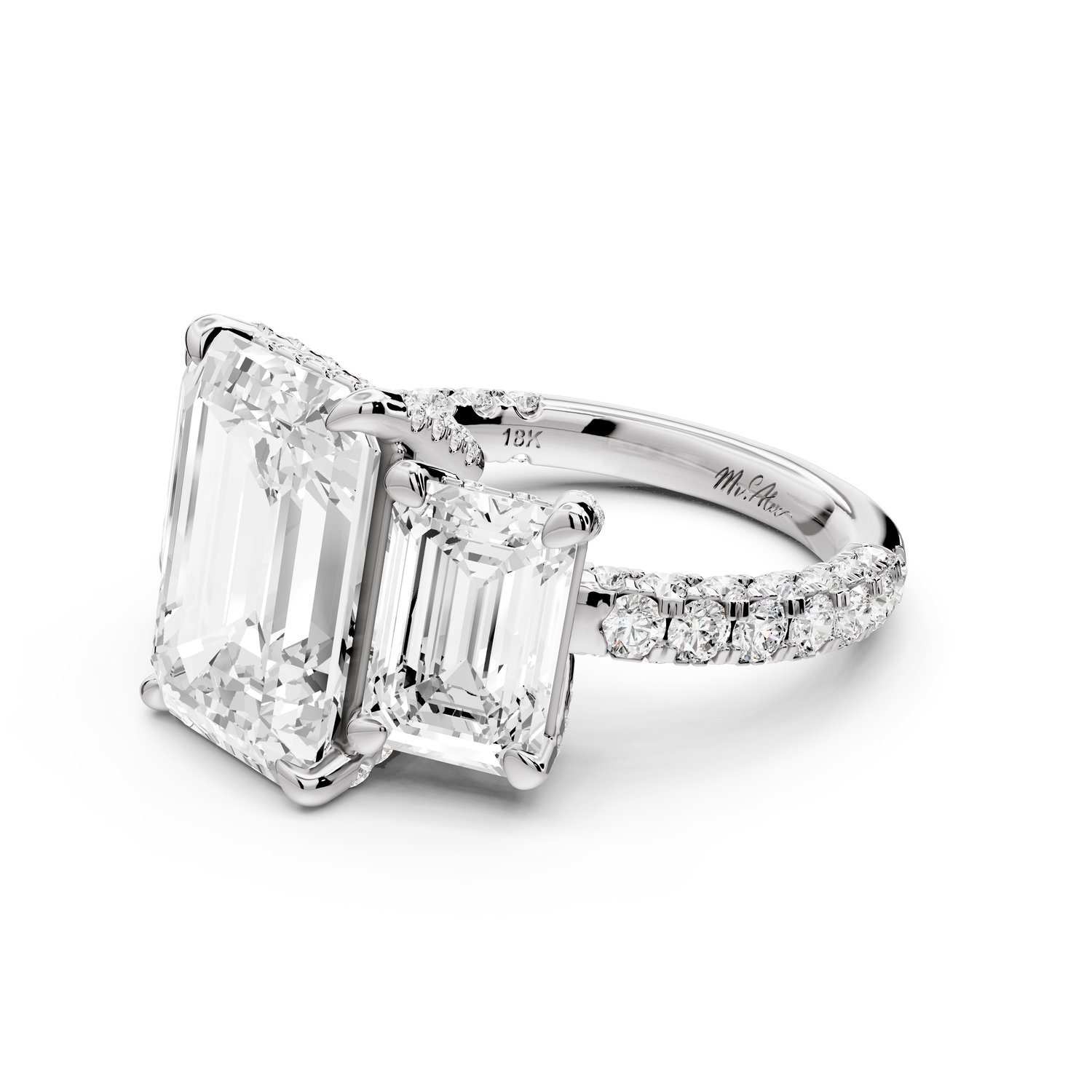 Neta - 5ct platinum Emerald Hidden Halo Three-Stone Engagement Ring with Pavé Band