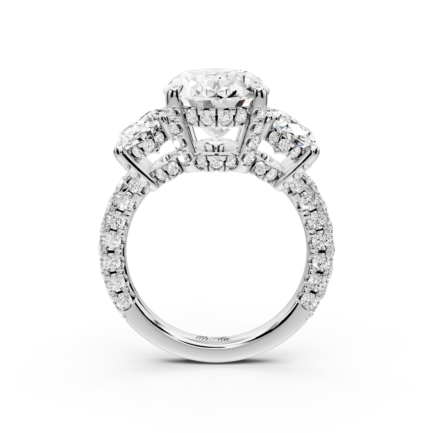 Neta - 5ct platinum Oval Hidden Halo Three-Stone Engagement Ring with Pavé Band