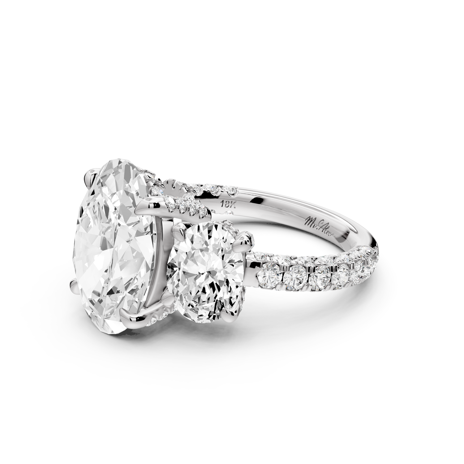 Neta - 5ct platinum Oval Hidden Halo Three-Stone Engagement Ring with Pavé Band