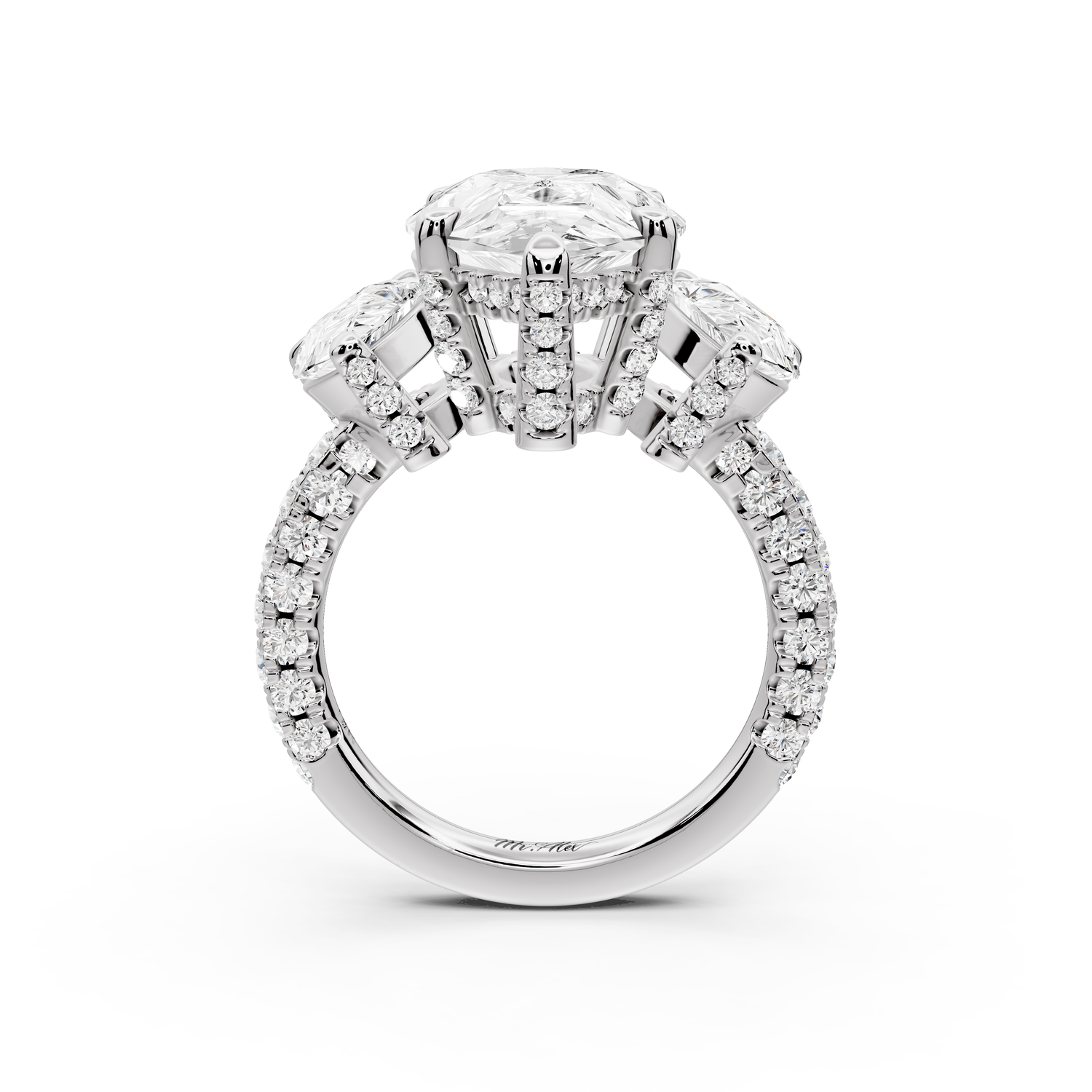 Neta - 5ct platinum Pear Hidden Halo Three-Stone Engagement Ring with Pavé Band