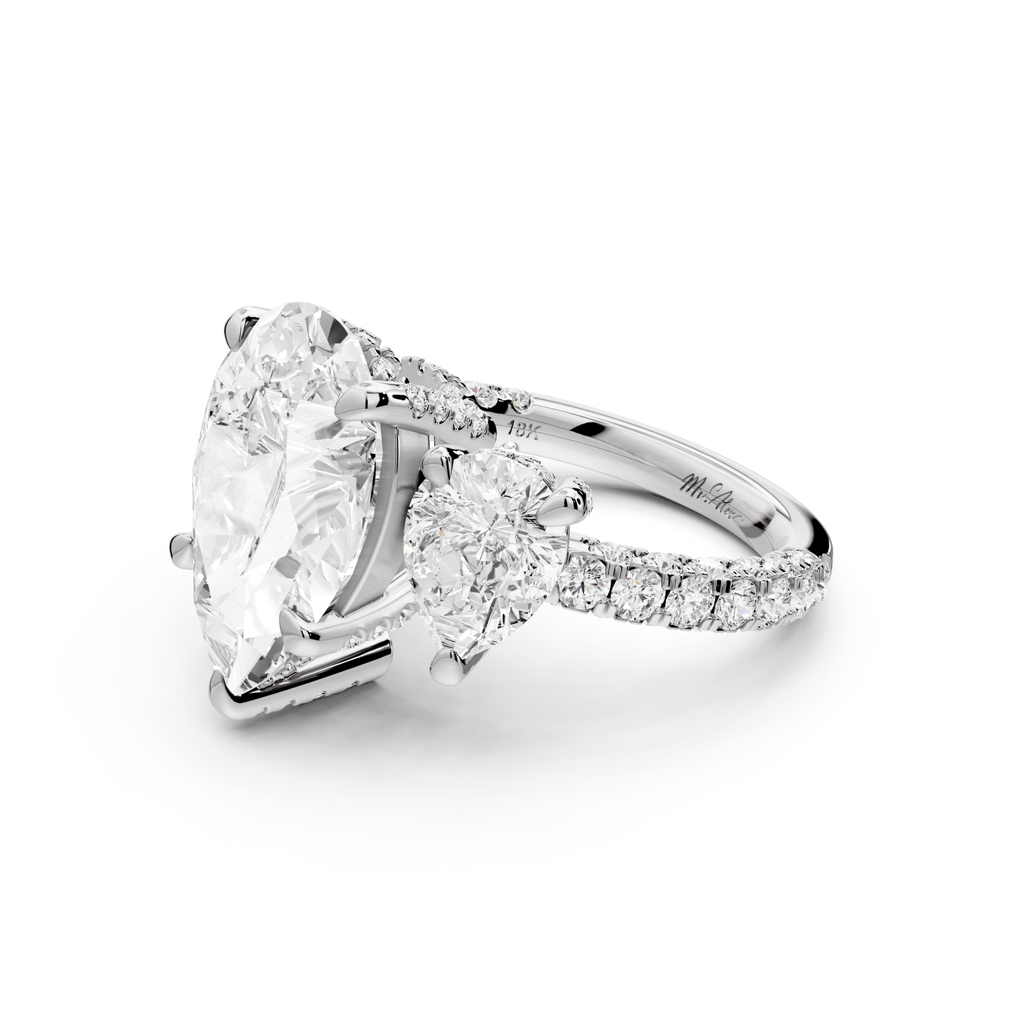 Neta - 5ct platinum Pear Hidden Halo Three-Stone Engagement Ring with Pavé Band
