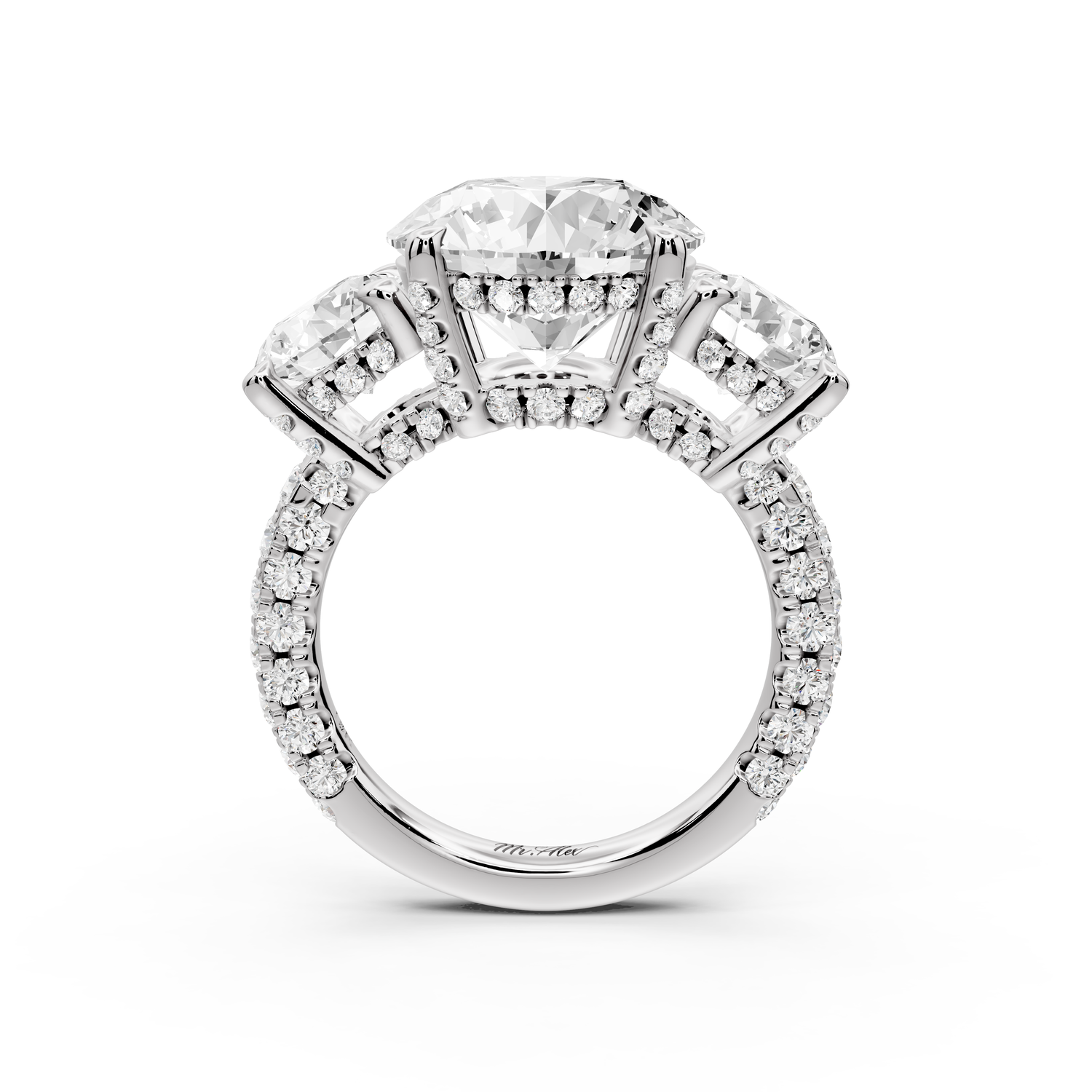 Neta - 5ct platinum Round Hidden Halo Three-Stone Engagement Ring with Pavé Band