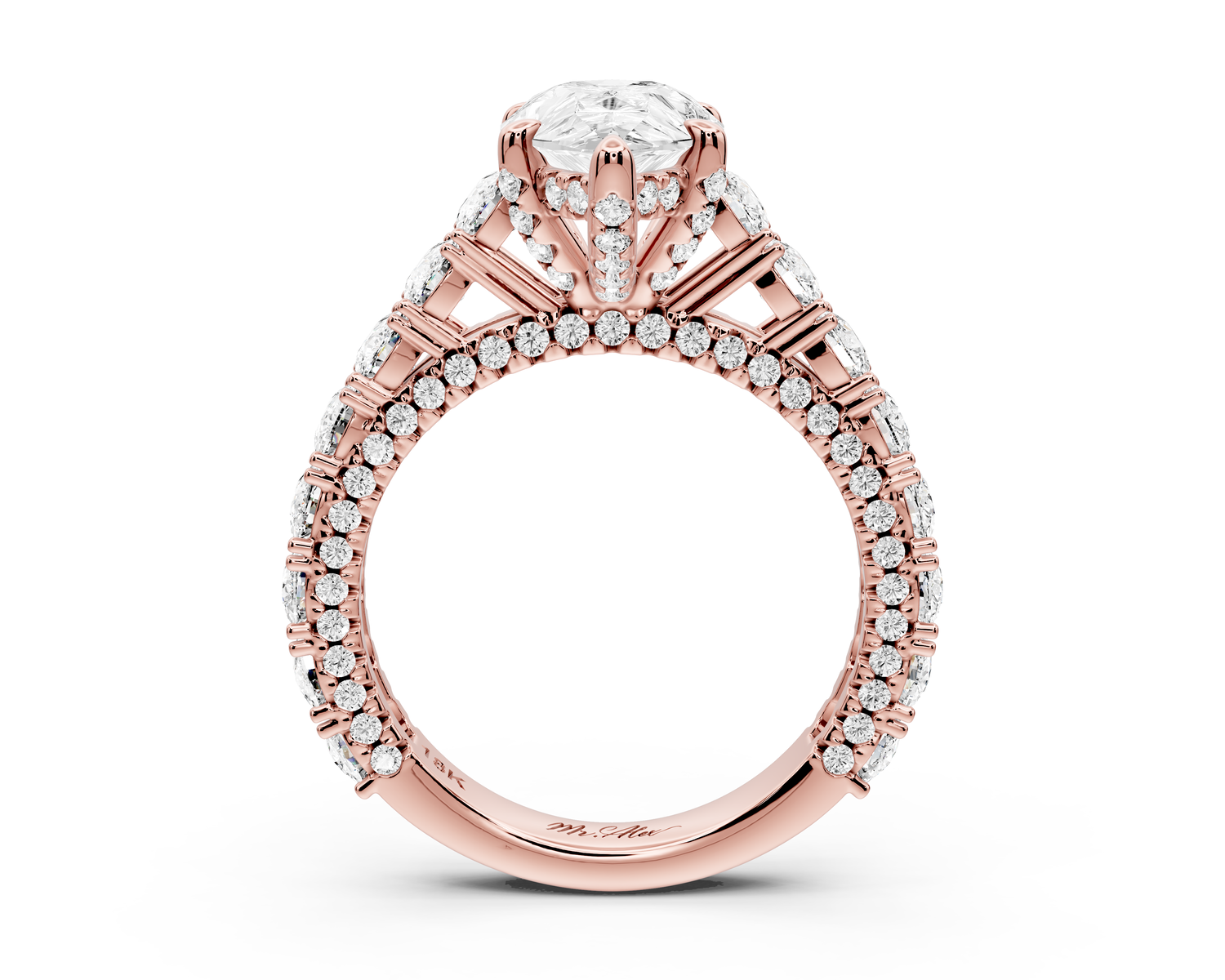 Ivy - 2ct 14k rose gold pear Diamond Crown Cathedral Rollover Pavé Engagement Ring