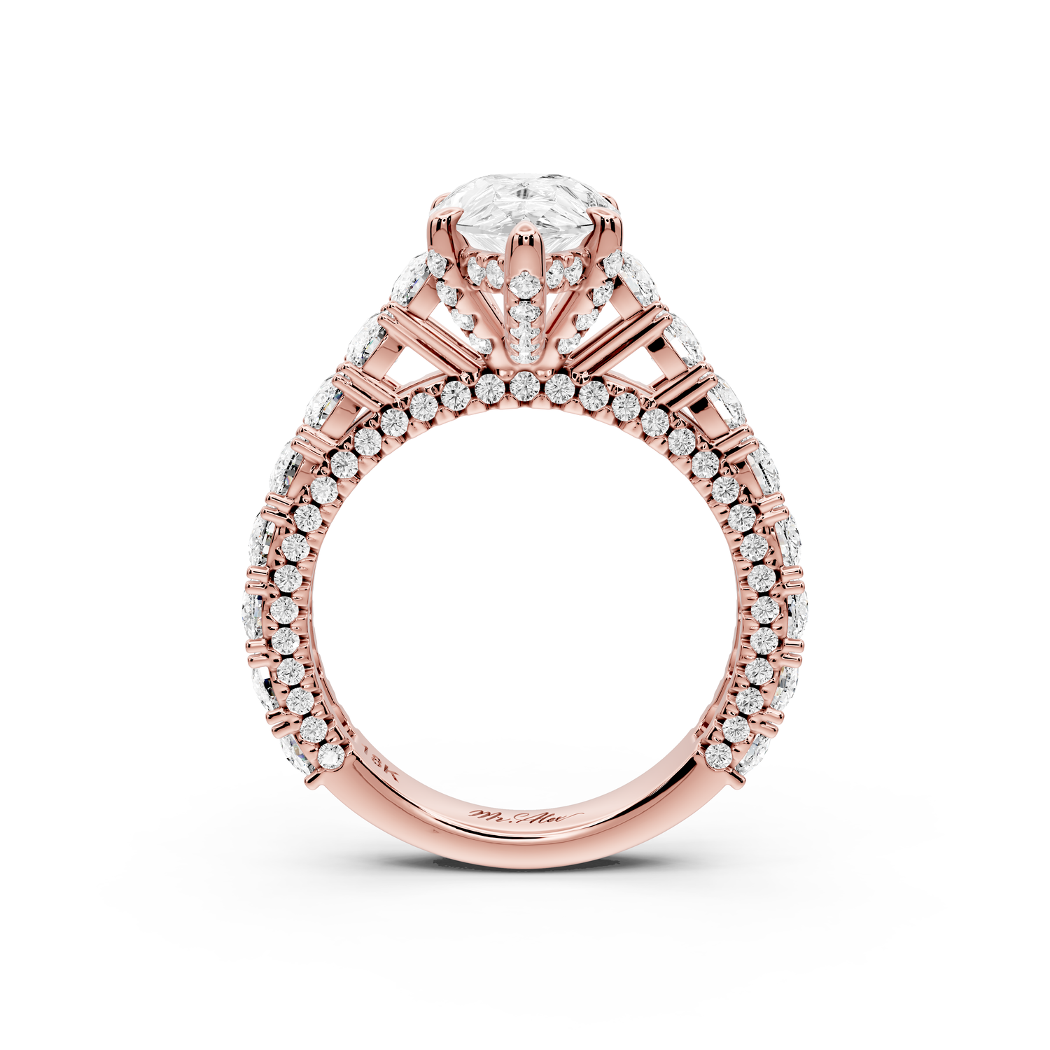Ivy - 2ct 14k rose gold pear Diamond Crown Cathedral Rollover Pavé Engagement Ring