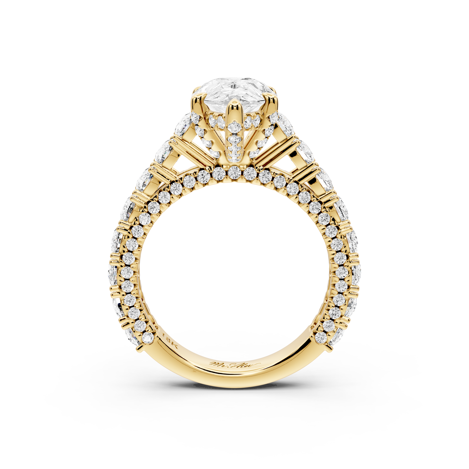 Ivy - 2ct 14k yellow gold pear Diamond Crown Cathedral Rollover Pavé Engagement Ring