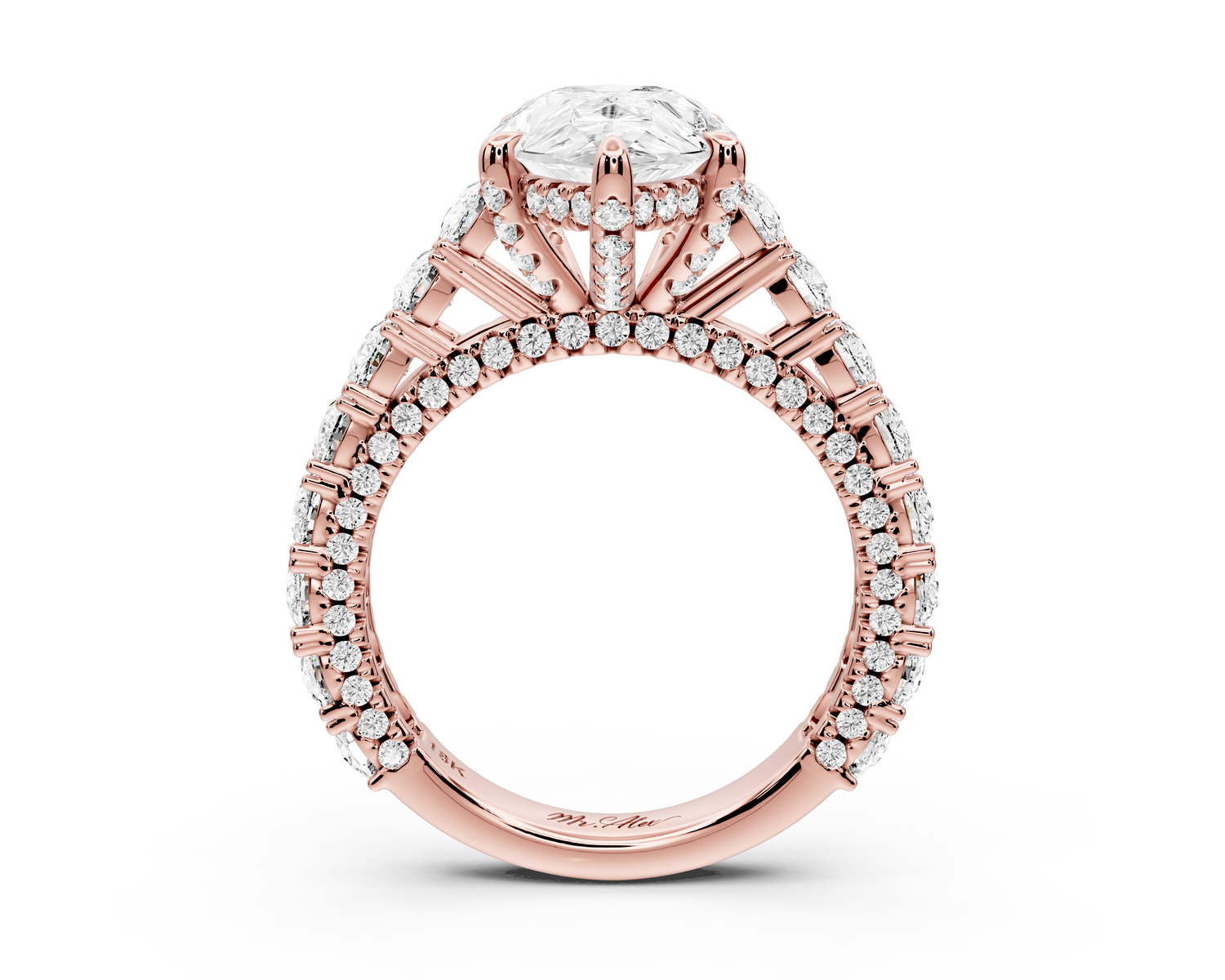 Ivy - 3ct 14k rose gold pear Diamond Crown Cathedral Rollover Pavé Engagement Ring