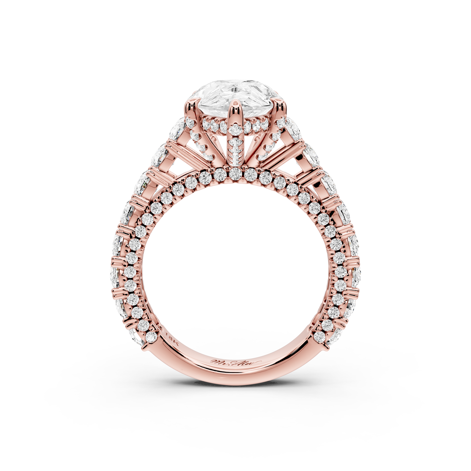 Ivy - 3ct 14k rose gold pear Diamond Crown Cathedral Rollover Pavé Engagement Ring