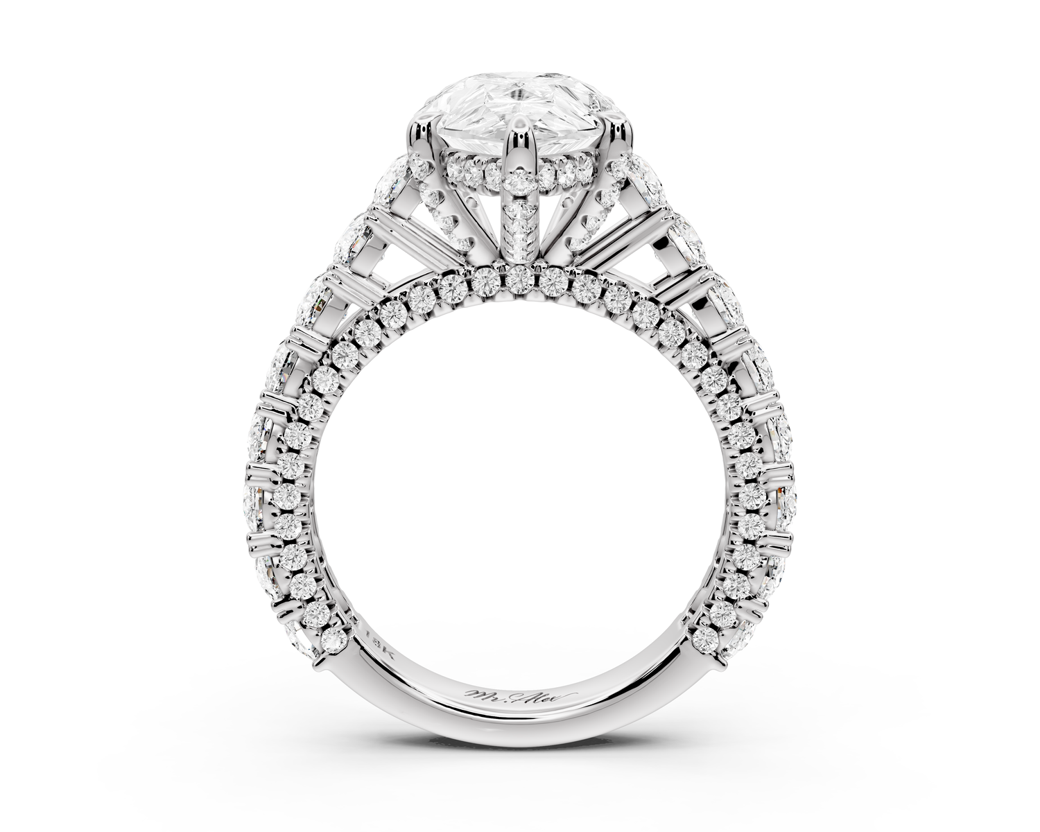 Ivy - 3ct 14k white gold pear Diamond Crown Cathedral Rollover Pavé Engagement Ring