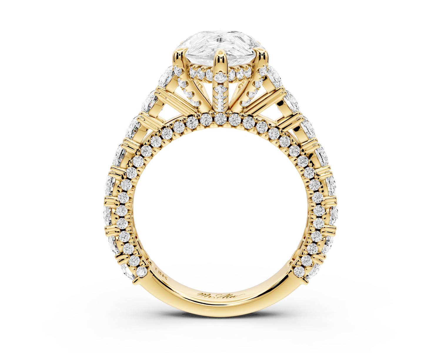 Ivy - 3ct 14k yellow gold pear Diamond Crown Cathedral Rollover Pavé Engagement Ring