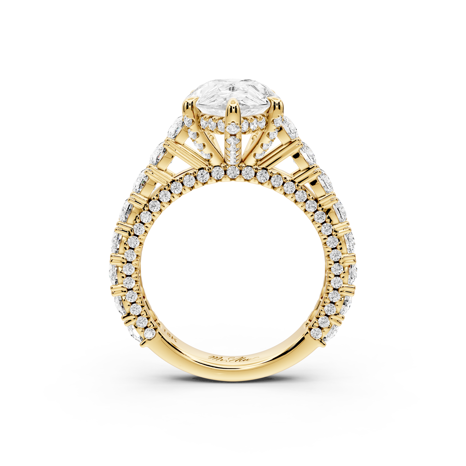 Ivy - 3ct 14k yellow gold pear Diamond Crown Cathedral Rollover Pavé Engagement Ring