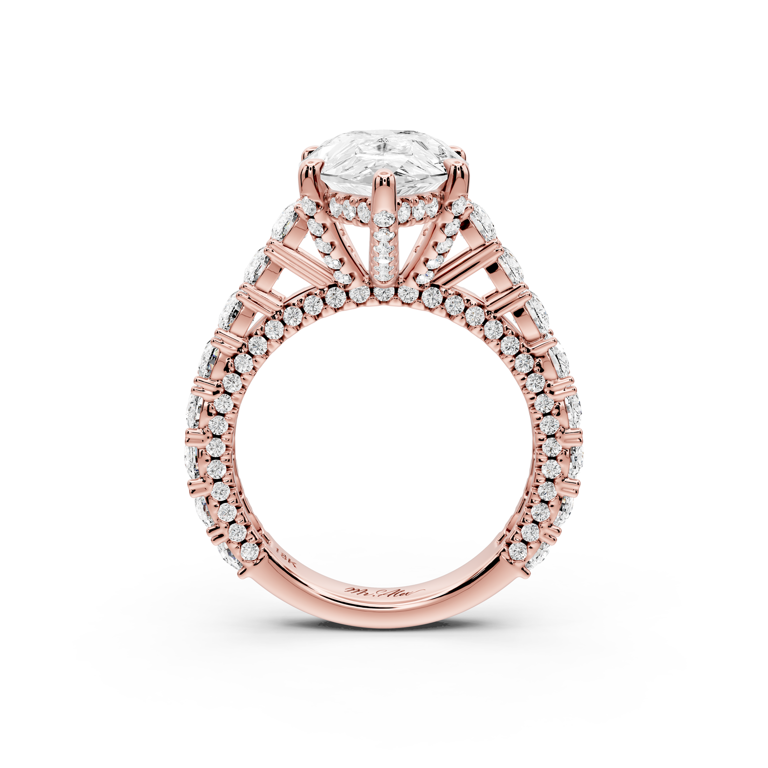 Ivy - 4ct 14k rose gold pear Diamond Crown Cathedral Rollover Pavé Engagement Ring