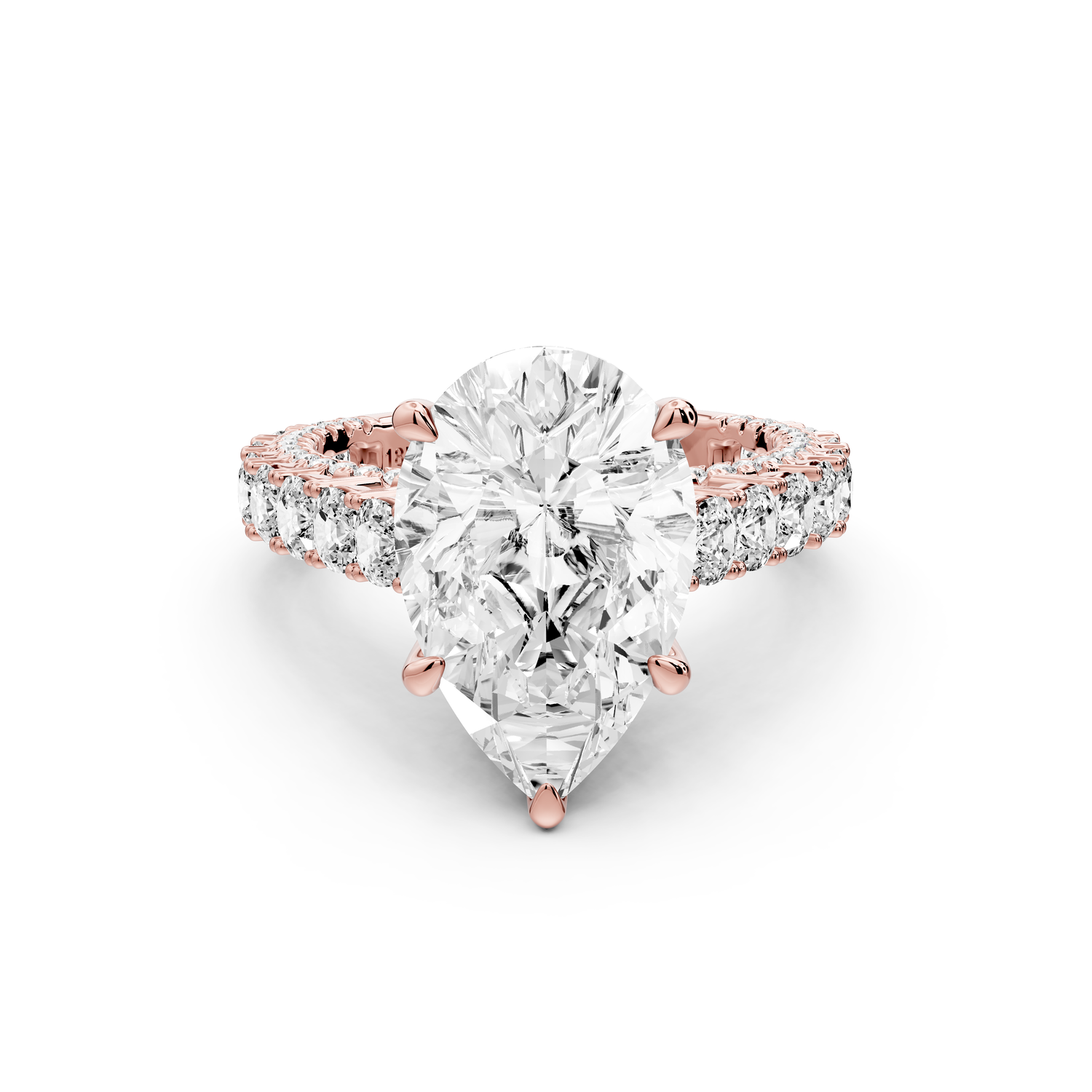 Ivy - 4ct 14k rose gold pear Diamond Crown Cathedral Rollover Pavé Engagement Ring
