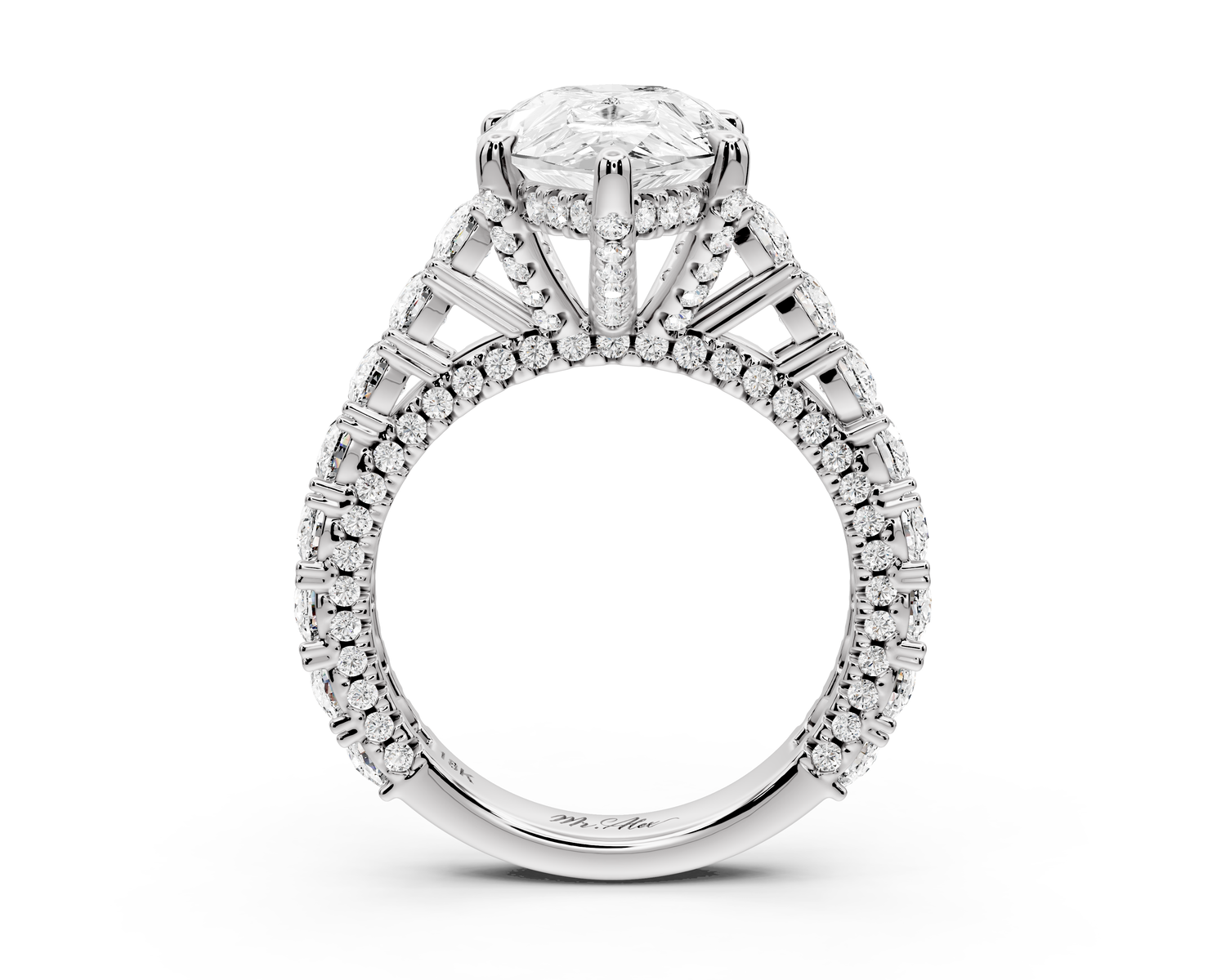 Ivy - 4ct 14k white gold pear Diamond Crown Cathedral Rollover Pavé Engagement Ring