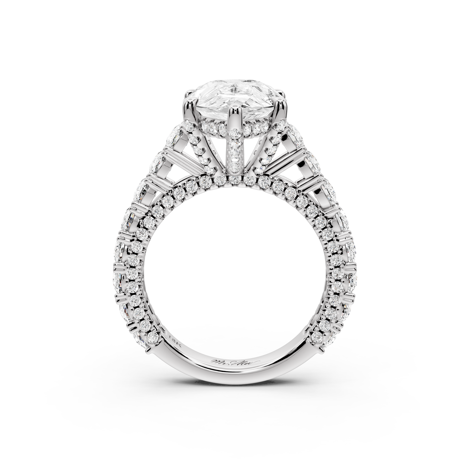 Ivy - 4ct 14k white gold pear Diamond Crown Cathedral Rollover Pavé Engagement Ring