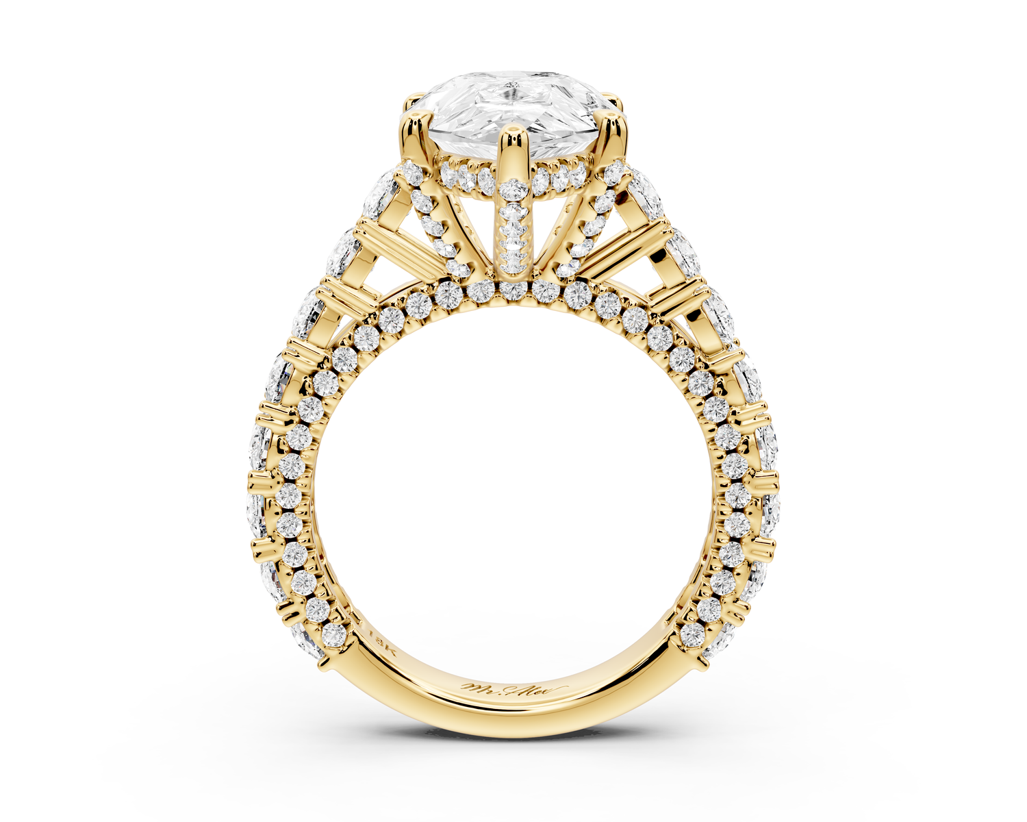 Ivy - 4ct 14k yellow gold pear Diamond Crown Cathedral Rollover Pavé Engagement Ring