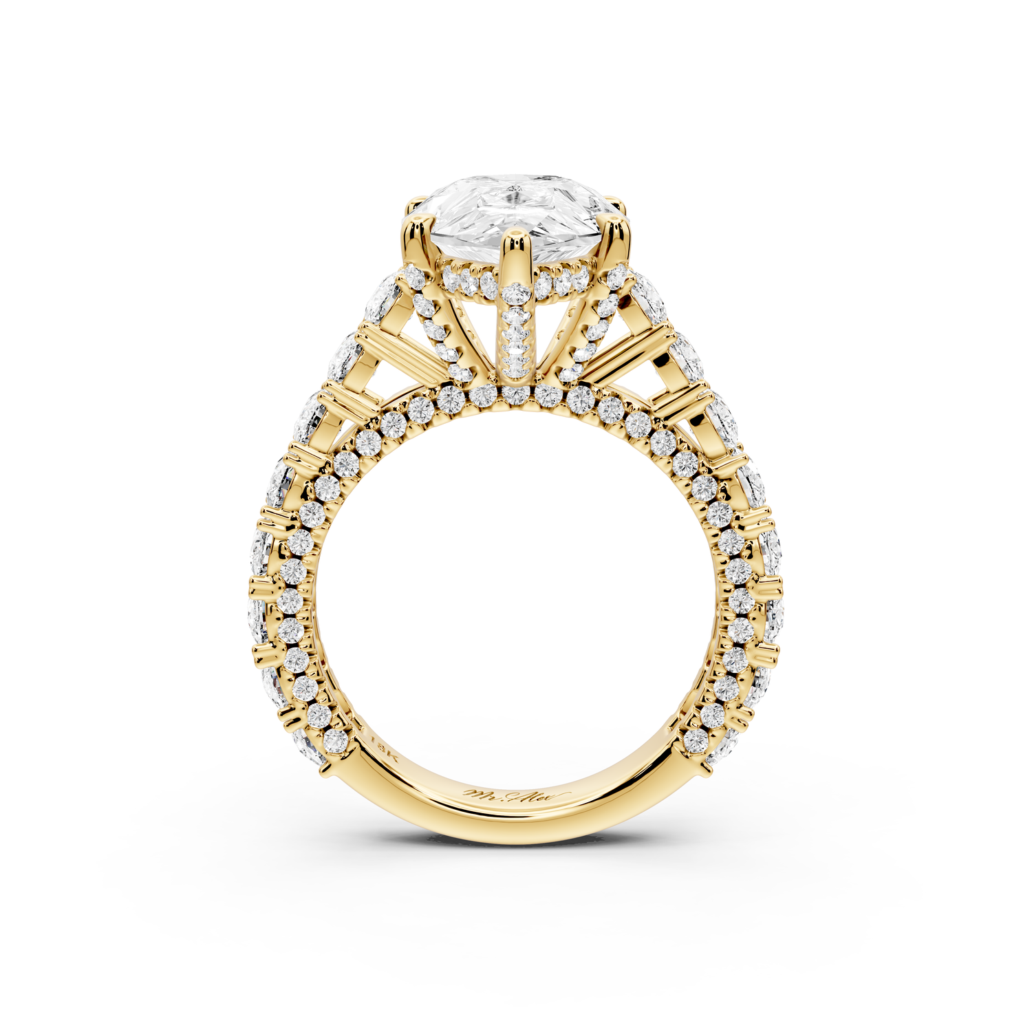 Ivy - 4ct 14k yellow gold pear Diamond Crown Cathedral Rollover Pavé Engagement Ring