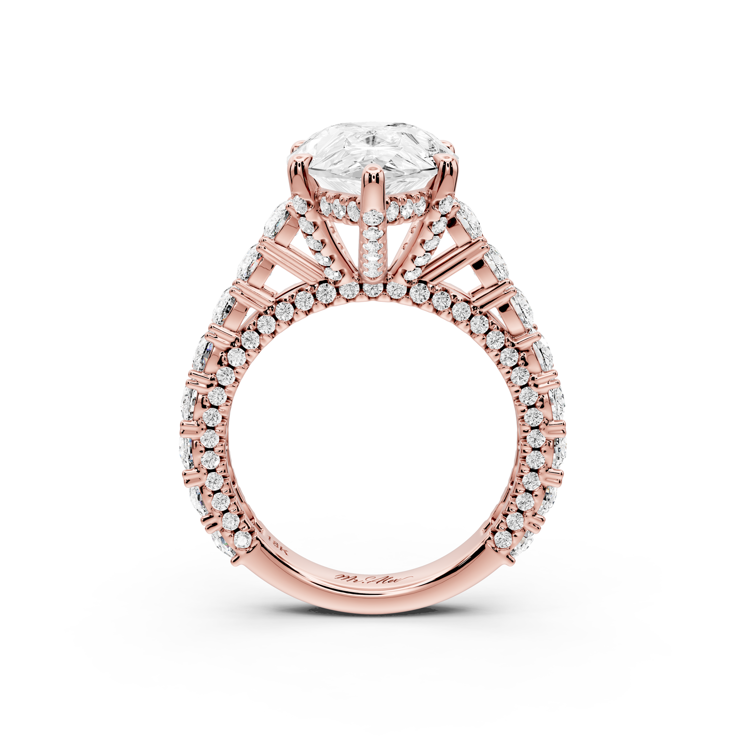 Ivy - 5ct 14k rose gold pear Diamond Crown Cathedral Rollover Pavé Engagement Ring
