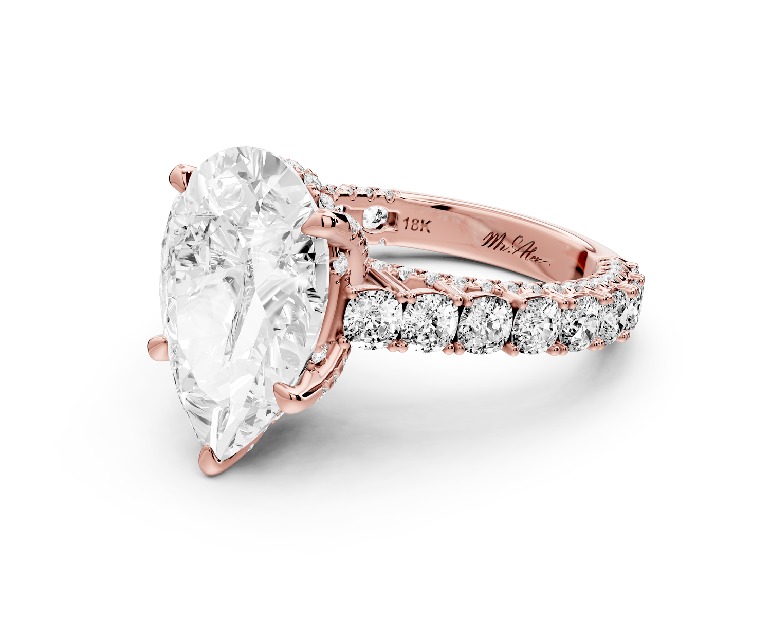 Ivy - 5ct 14k rose gold pear Diamond Crown Cathedral Rollover Pavé Engagement Ring