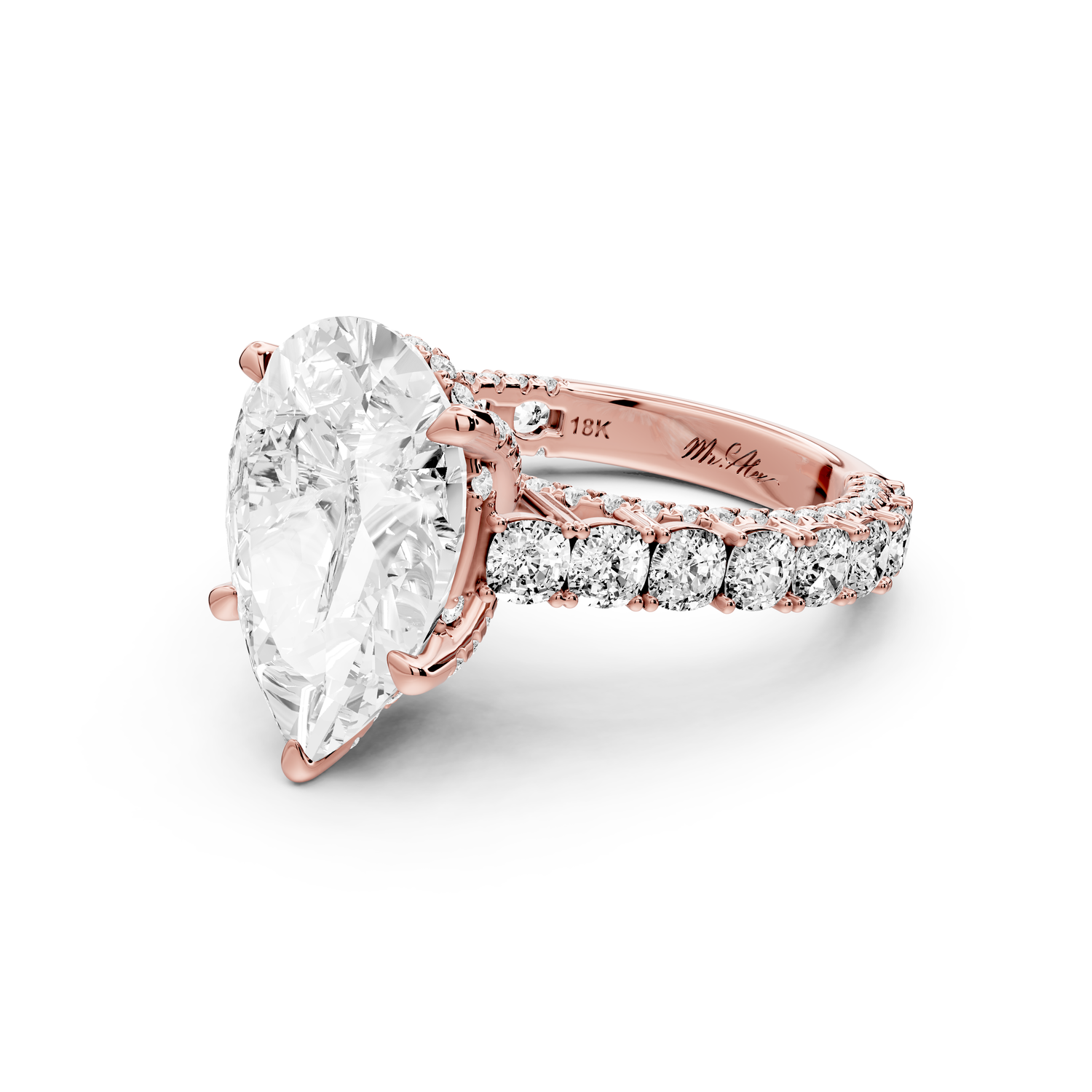 Ivy - 5ct 14k rose gold pear Diamond Crown Cathedral Rollover Pavé Engagement Ring