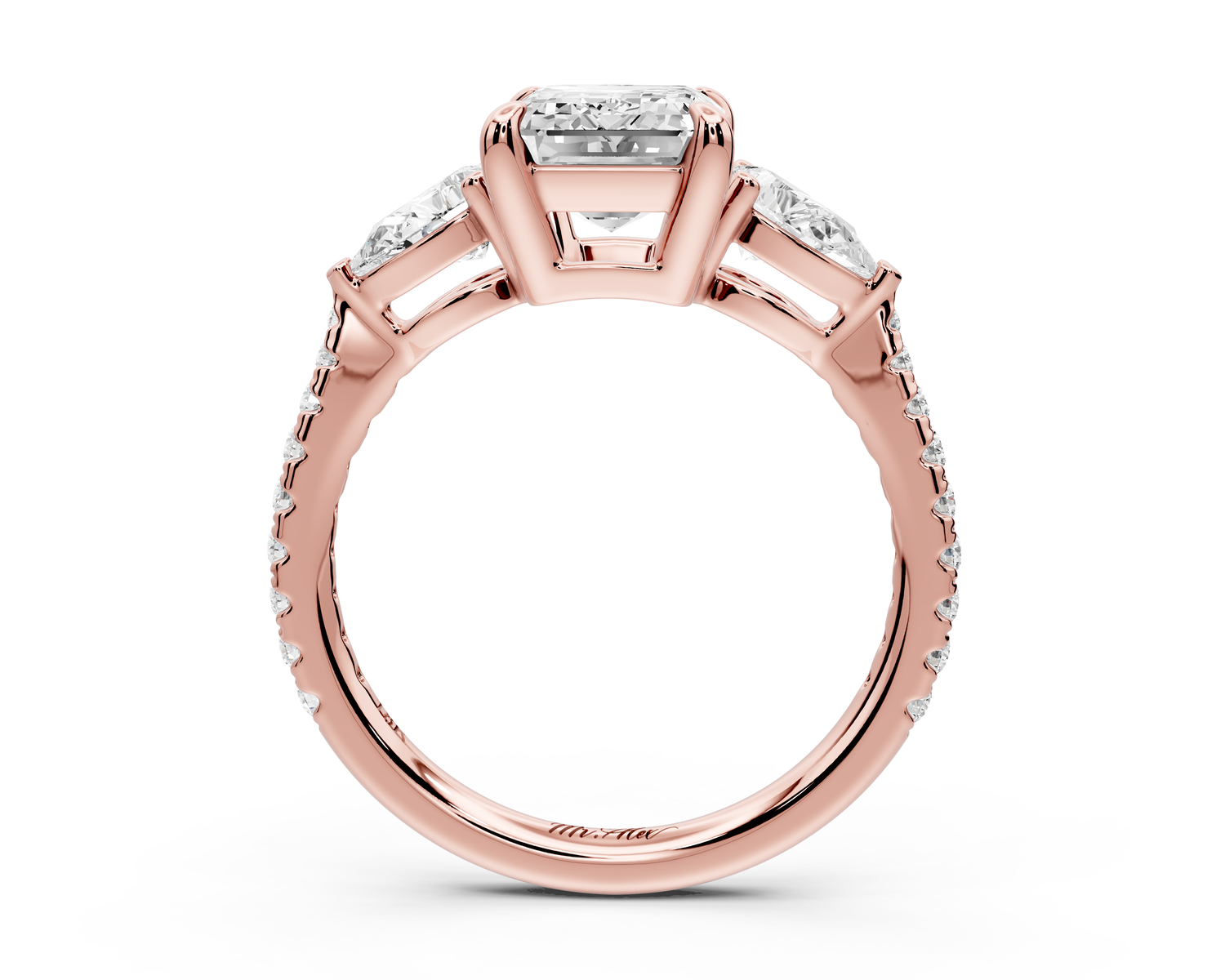 Alma - 2ct 14k rose gold emerald center stone with two pear shaped diamonds and pavé. Three stone oval and pear Engagement ring with Pavé