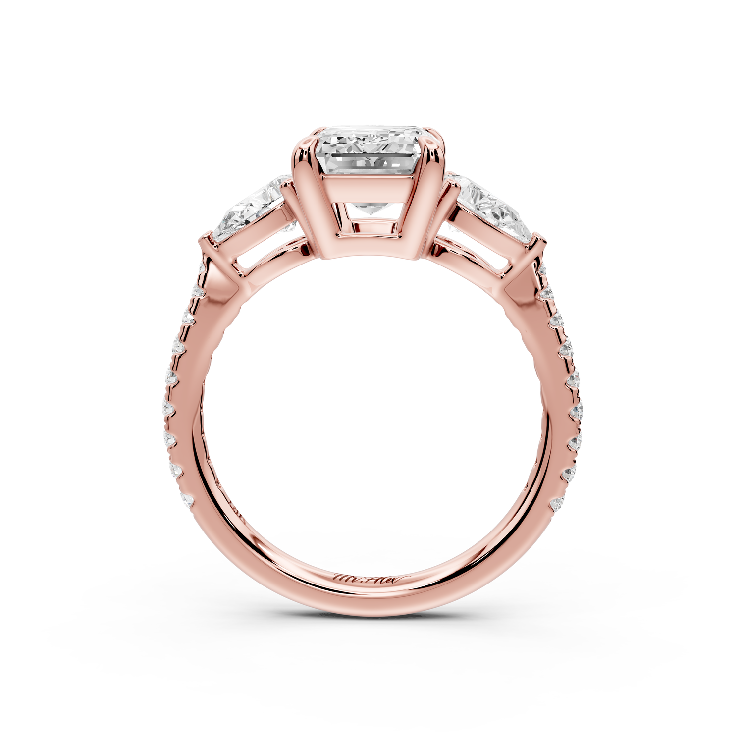 Alma - 2ct 14k rose gold emerald center stone with two pear shaped diamonds and pavé. Three stone oval and pear Engagement ring with Pavé