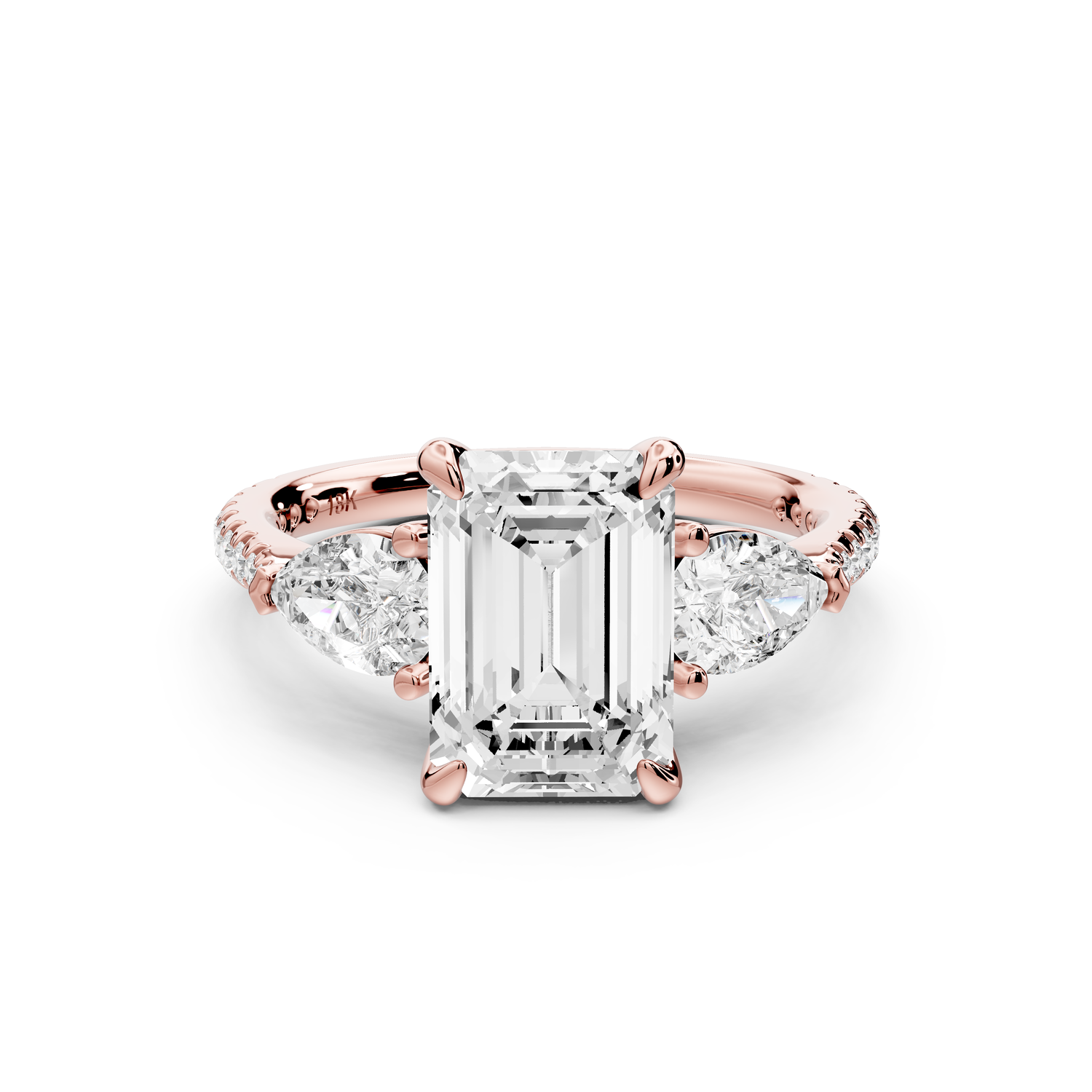 Alma - 2ct 14k rose gold emerald center stone with two pear shaped diamonds and pavé. Three stone oval and pear Engagement ring with Pavé