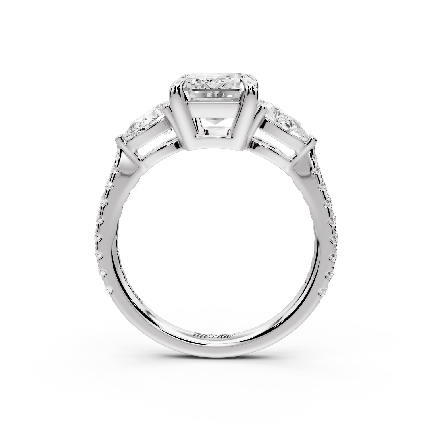 Alma - 2ct 14k white gold emerald center stone with two pear shaped diamonds and pavé. Three stone oval and pear Engagement ring with Pavé