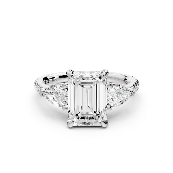 Alma - 2ct 14k white gold emerald center stone with two pear shaped diamonds and pavé. Three stone oval and pear Engagement ring with Pavé
