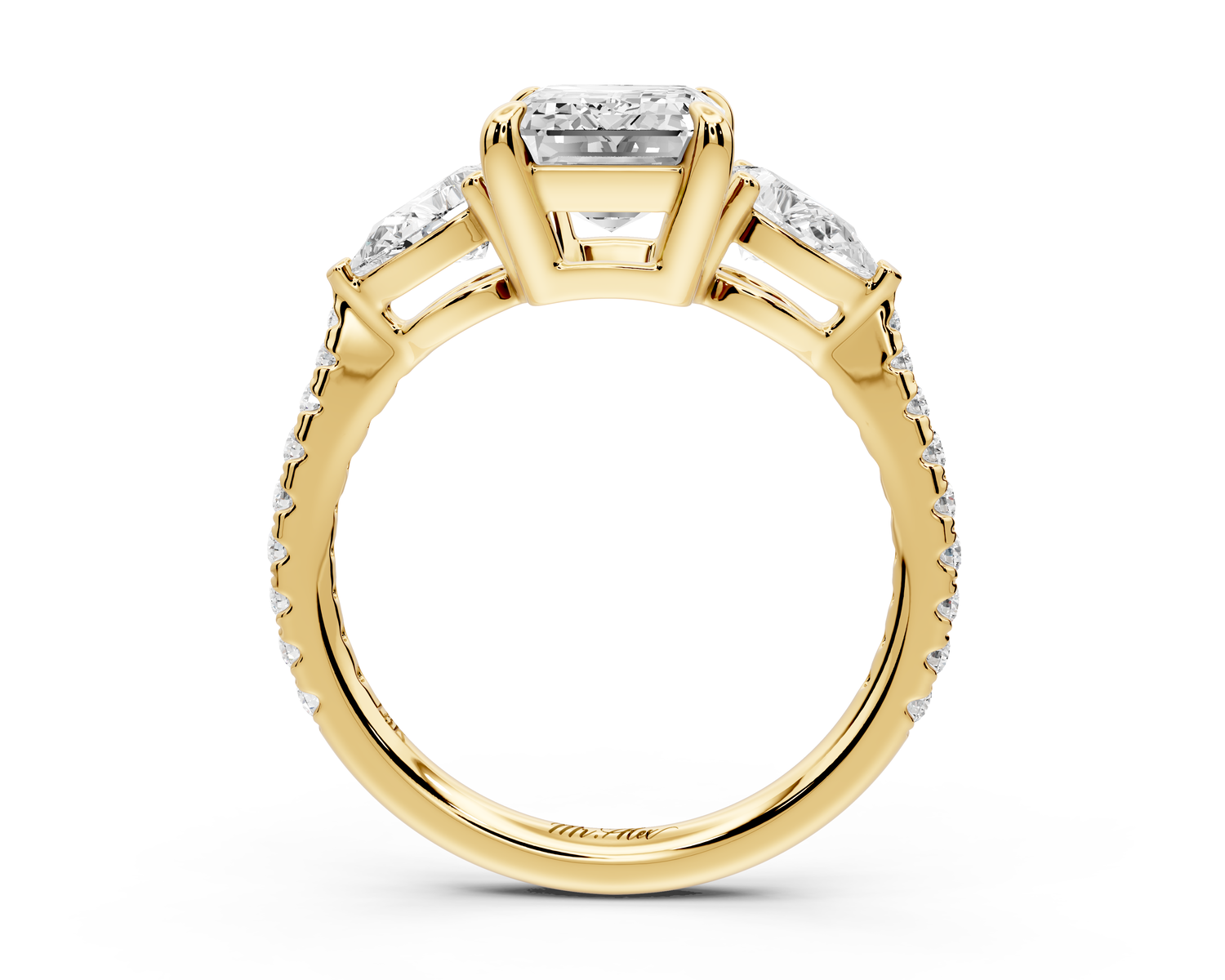 Alma - 2ct 14k yellow gold emerald center stone with two pear shaped diamonds and pavé. Three stone oval and pear Engagement ring with Pavé