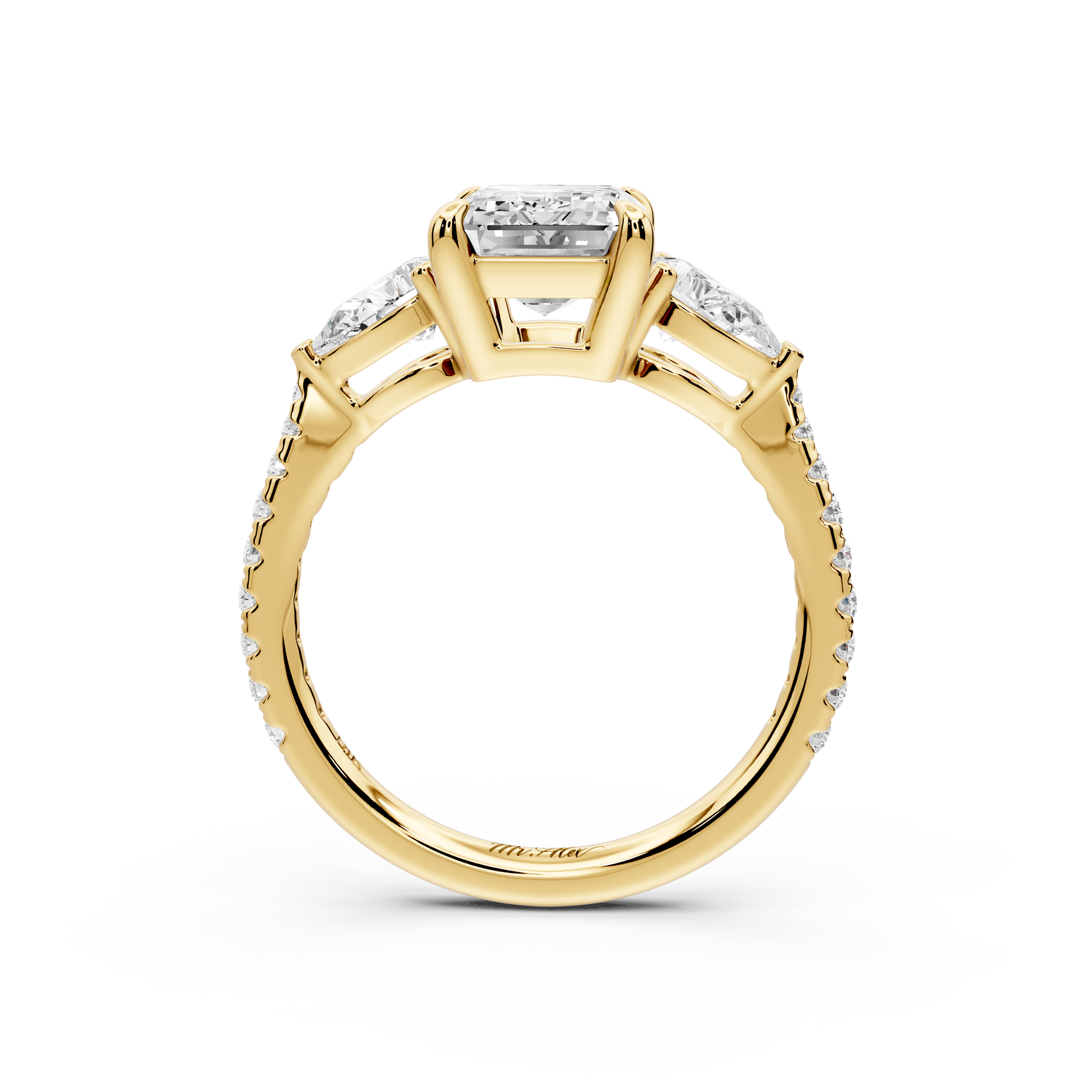 Alma - 2ct 14k yellow gold emerald center stone with two pear shaped diamonds and pavé. Three stone oval and pear Engagement ring with Pavé