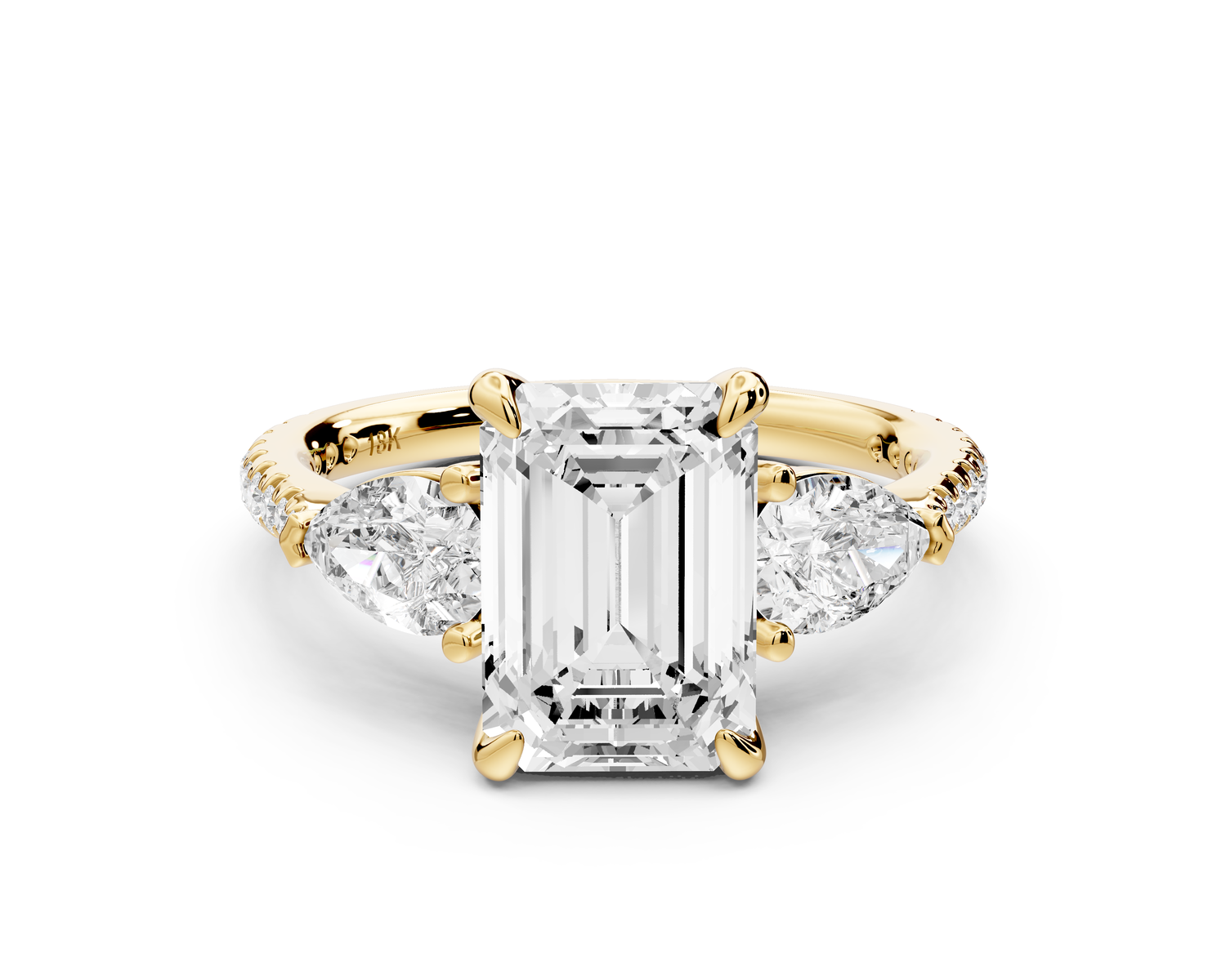 Alma - 2ct 14k yellow gold emerald center stone with two pear shaped diamonds and pavé. Three stone oval and pear Engagement ring with Pavé