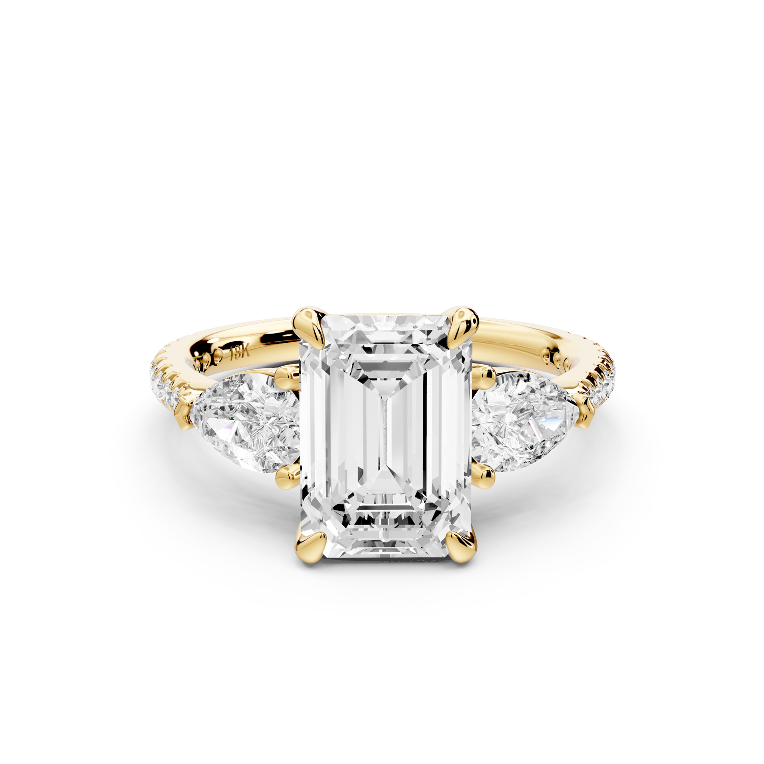 Alma - 2ct 14k yellow gold emerald center stone with two pear shaped diamonds and pavé. Three stone oval and pear Engagement ring with Pavé