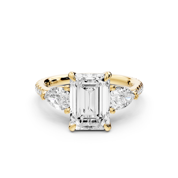 Alma - 2ct 14k yellow gold emerald center stone with two pear shaped diamonds and pavé. Three stone oval and pear Engagement ring with Pavé