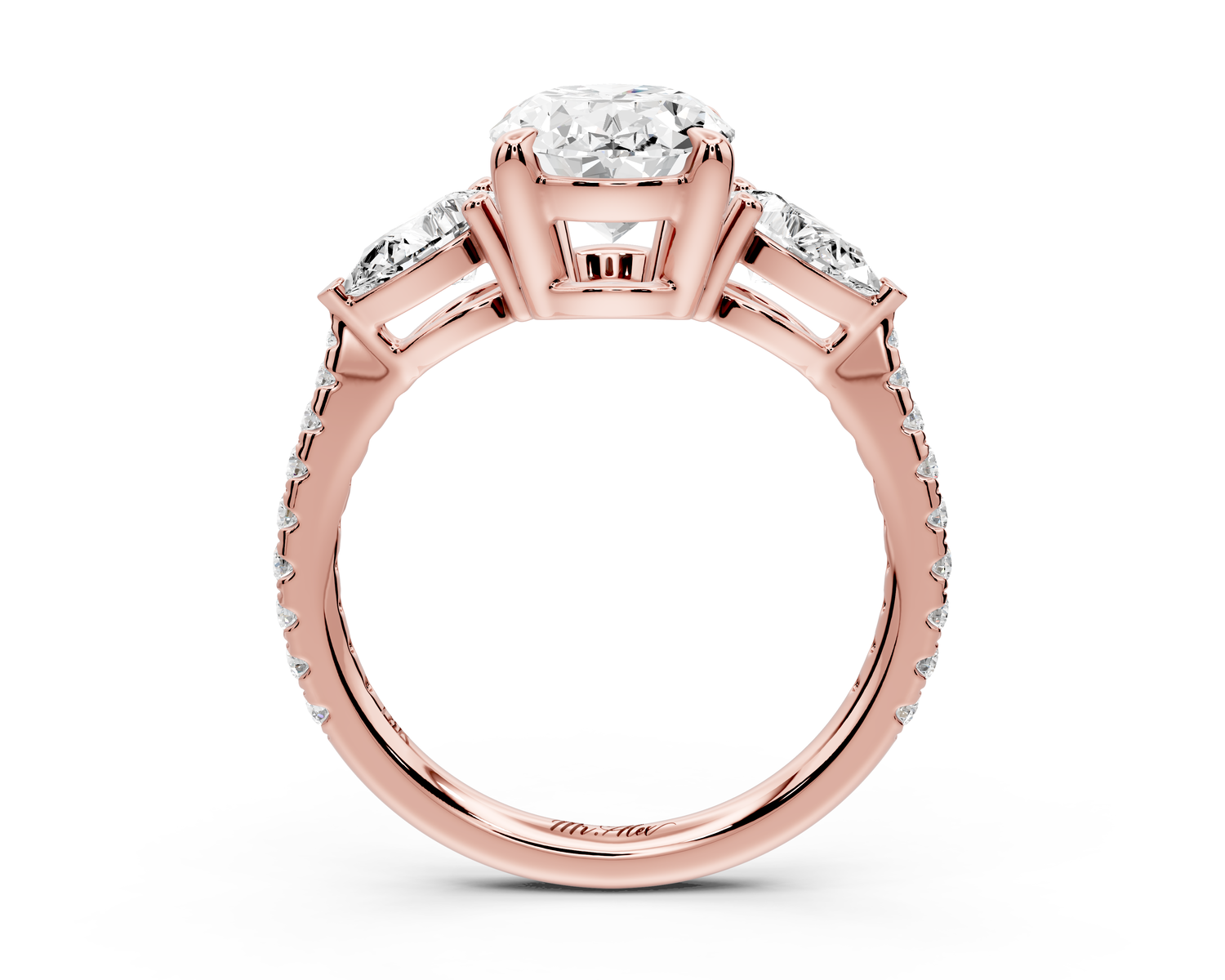 Alma - 2ct 14k rose gold oval center stone with two pear shaped diamonds and pavé. Three stone oval and pear Engagement ring with Pavé