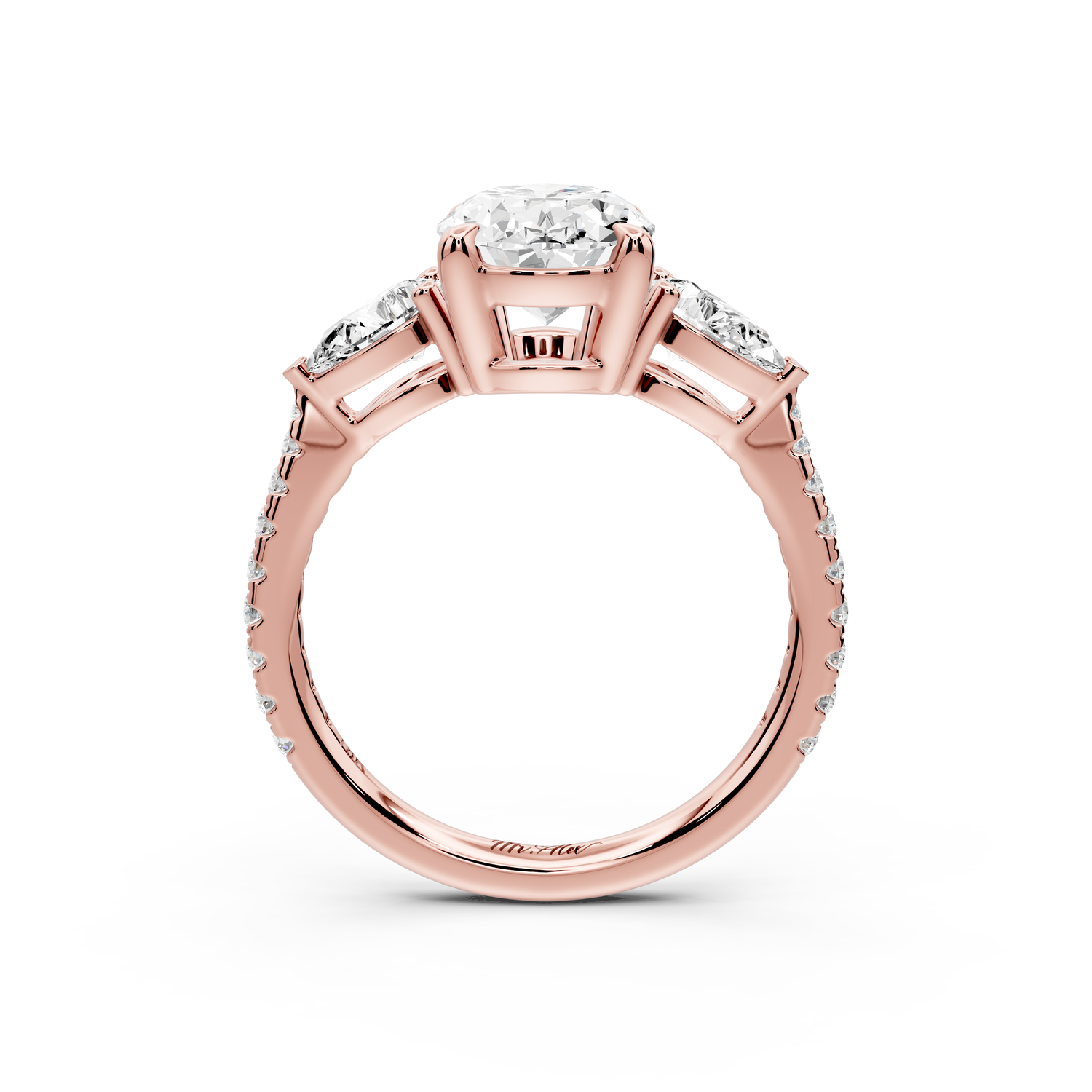 Alma - 2ct 14k rose gold oval center stone with two pear shaped diamonds and pavé. Three stone oval and pear Engagement ring with Pavé