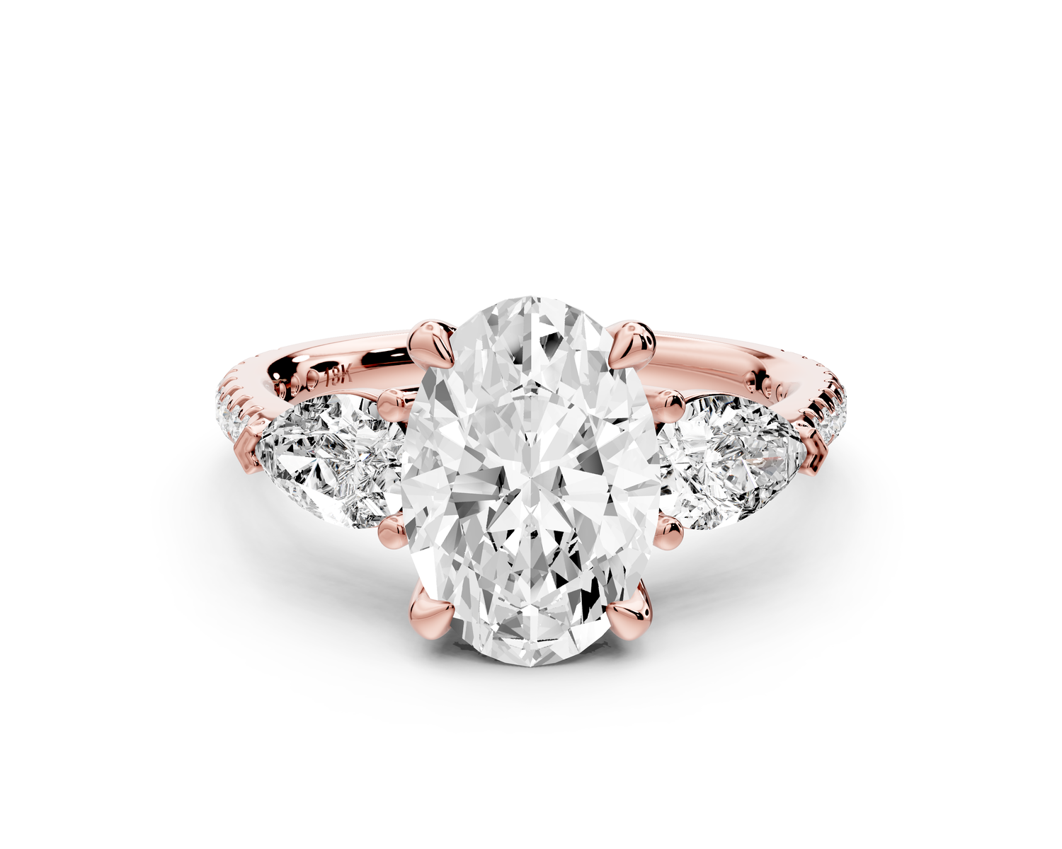 Alma - 2ct 14k rose gold oval center stone with two pear shaped diamonds and pavé. Three stone oval and pear Engagement ring with Pavé