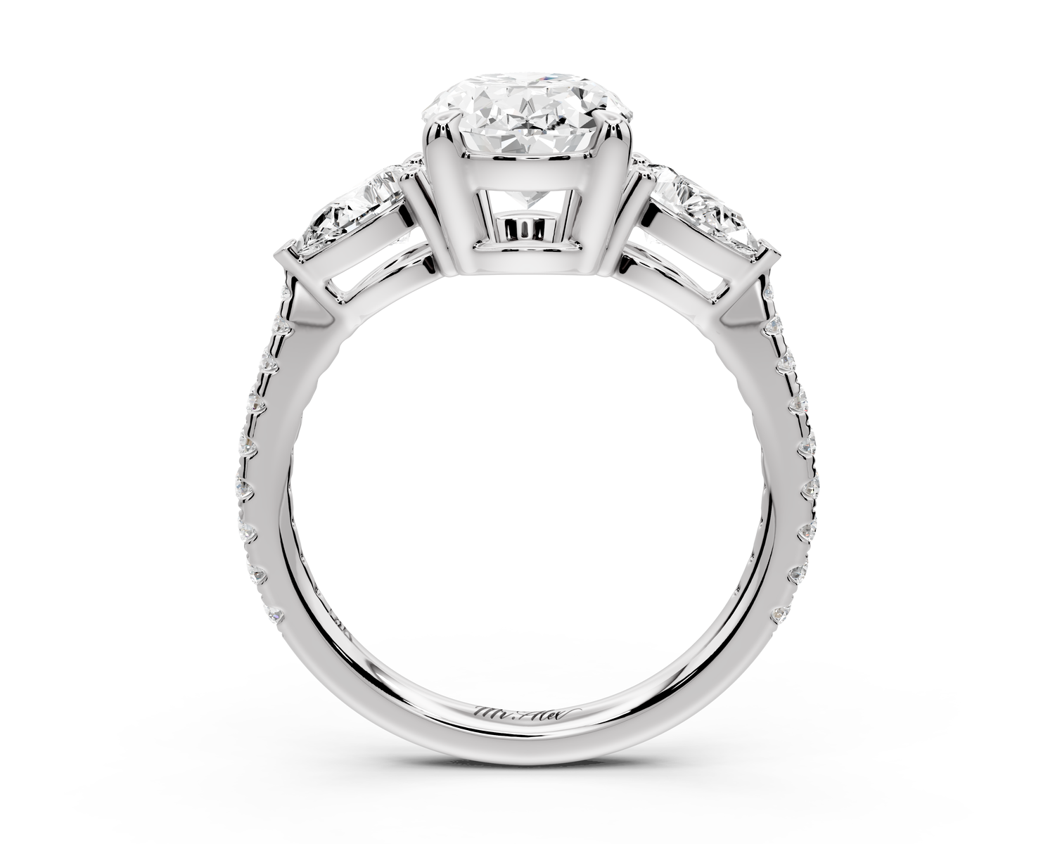 Alma - 2ct 14k white gold oval center stone with two pear shaped diamonds and pavé. Three stone oval and pear Engagement ring with Pavé