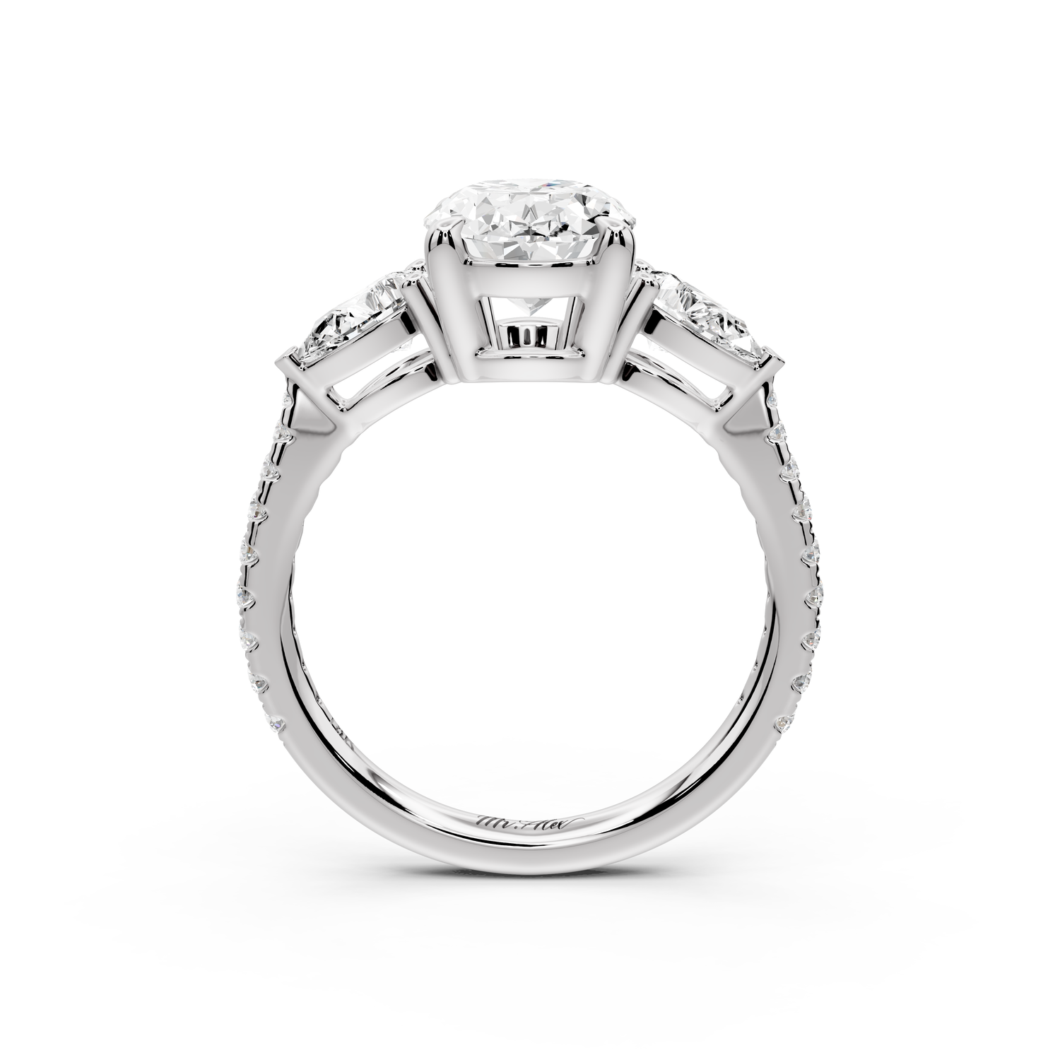 Alma - 2ct 14k white gold oval center stone with two pear shaped diamonds and pavé. Three stone oval and pear Engagement ring with Pavé