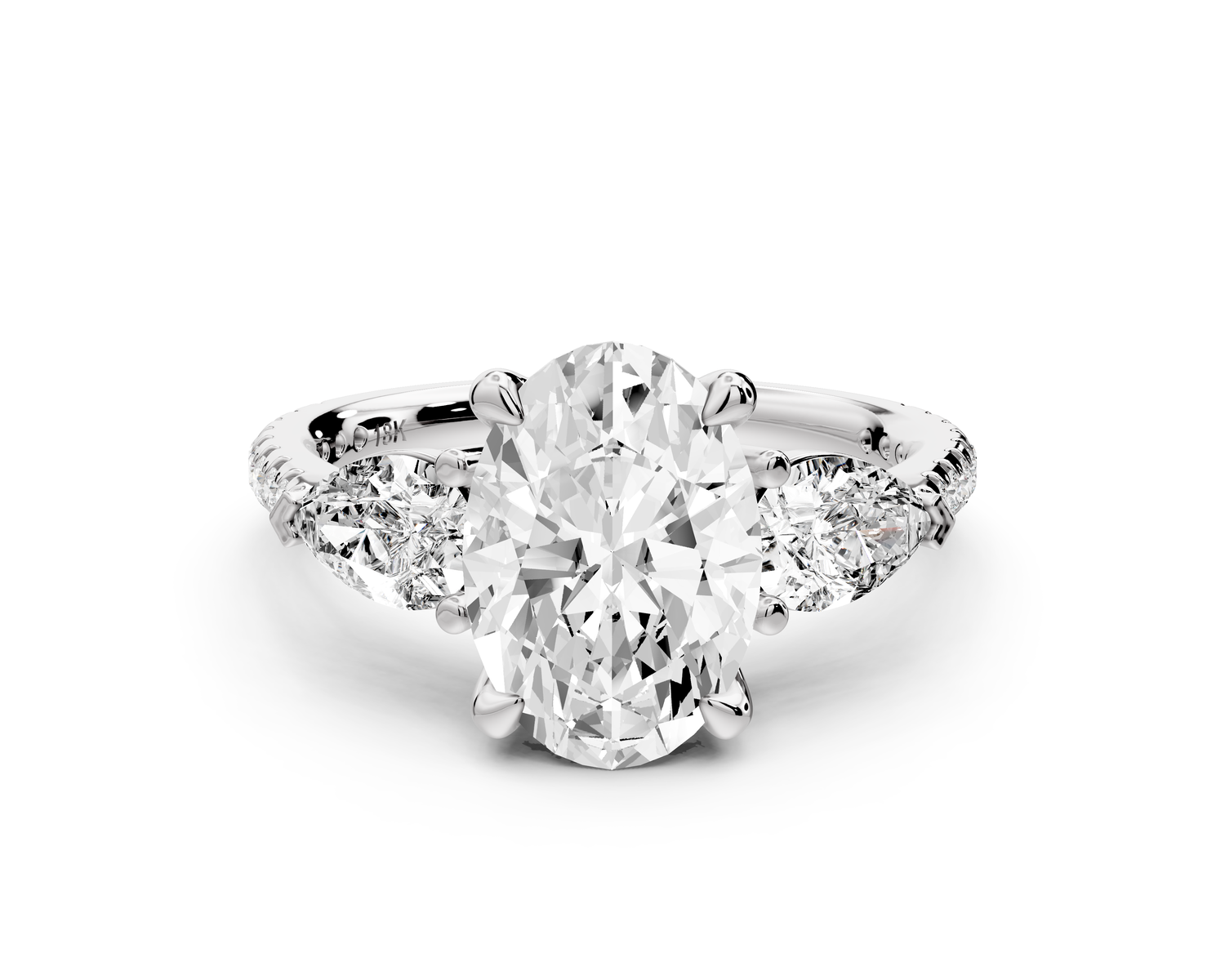 Alma - 2ct 14k white gold oval center stone with two pear shaped diamonds and pavé. Three stone oval and pear Engagement ring with Pavé