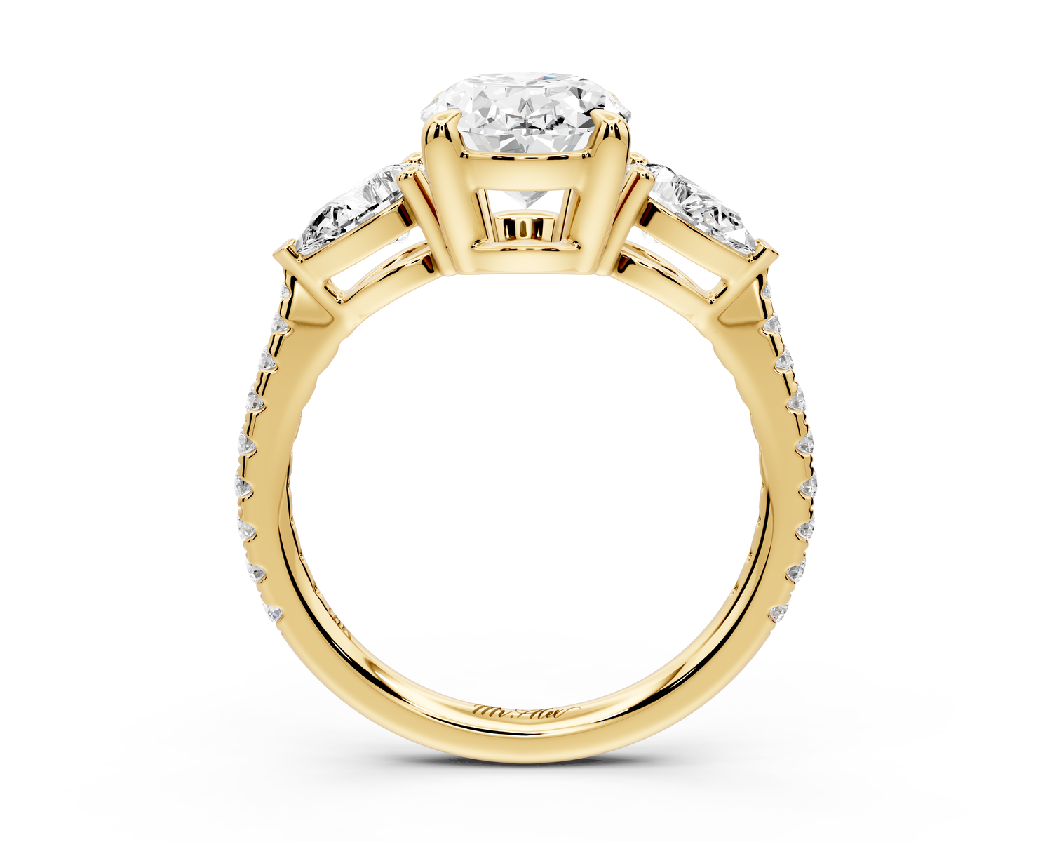 Alma - 2ct 14k yellow gold oval center stone with two pear shaped diamonds and pavé. Three stone oval and pear Engagement ring with Pavé