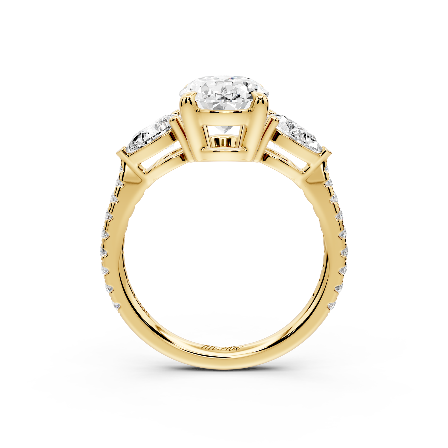 Alma - 2ct 14k yellow gold oval center stone with two pear shaped diamonds and pavé. Three stone oval and pear Engagement ring with Pavé