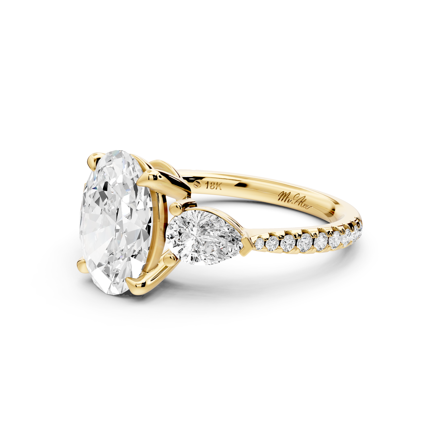 Alma - 2ct 14k yellow gold oval center stone with two pear shaped diamonds and pavé. Three stone oval and pear Engagement ring with Pavé