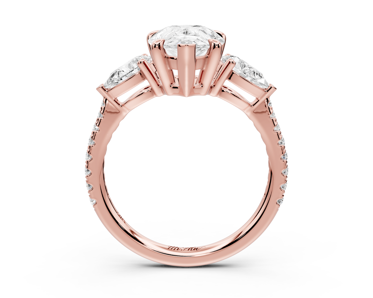Alma - 2ct 14k rose gold pear center stone with two pear shaped diamonds and pavé. Three stone oval and pear Engagement ring with Pavé