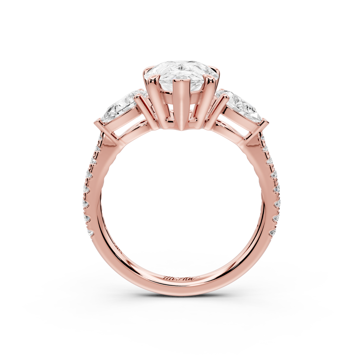 Alma - 2ct 14k rose gold pear center stone with two pear shaped diamonds and pavé. Three stone oval and pear Engagement ring with Pavé